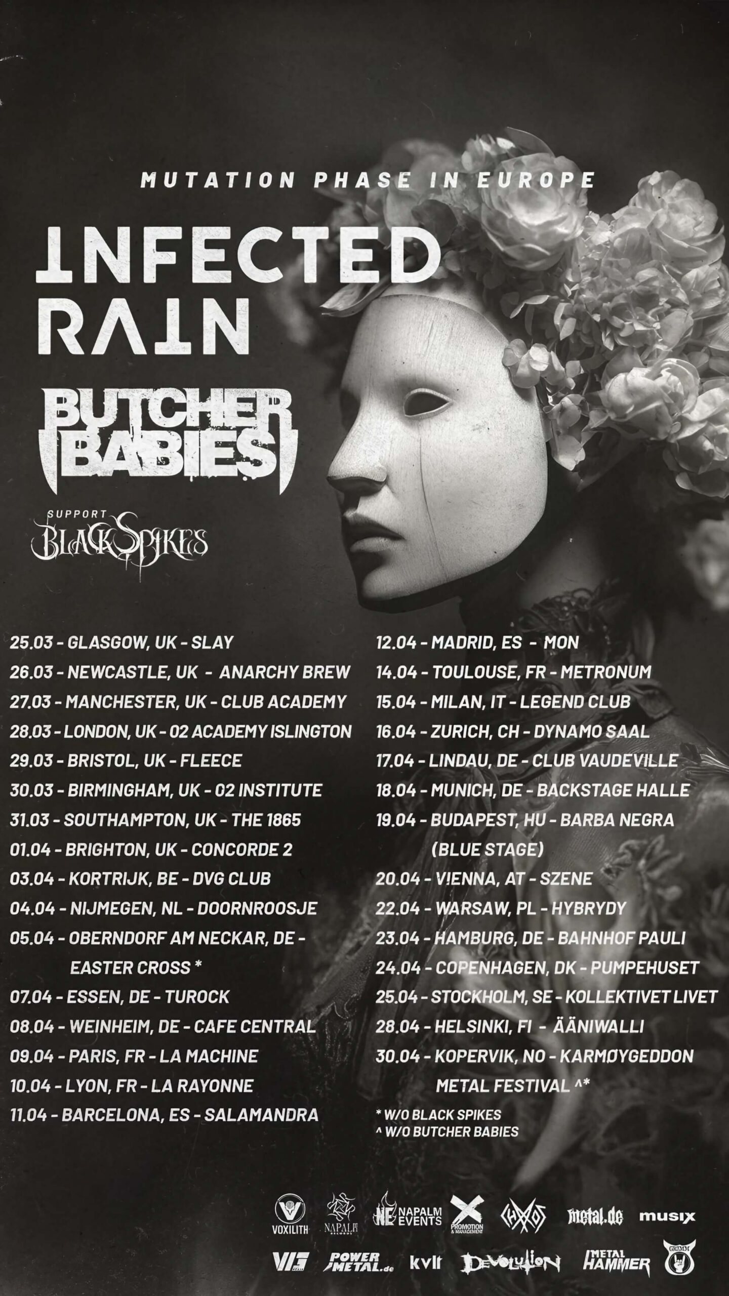 A monochrome tour poster listing 2026 European dates for Infected Rain, Butcher Babies, and Black Spikes beside a floral-masked figure.