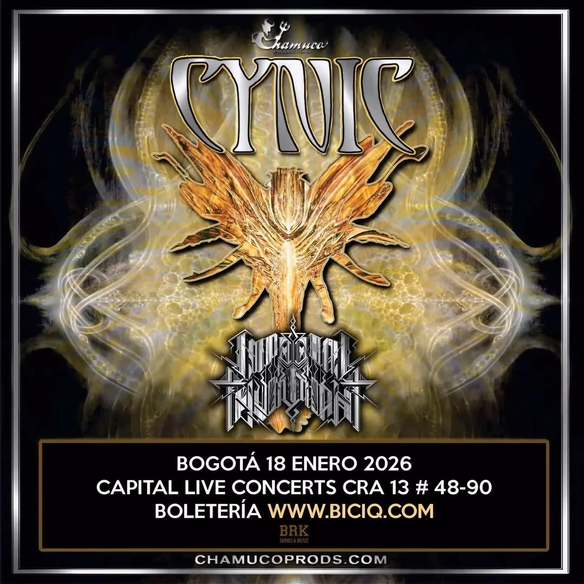Cynic: A Convergence of Astral and Brutalist Sound at Capital Live Music, Bogotá in January Poster for the Latin America Tour 2026. Features surreal imagery and lists headliners Cynic and Imperial Triumphant.