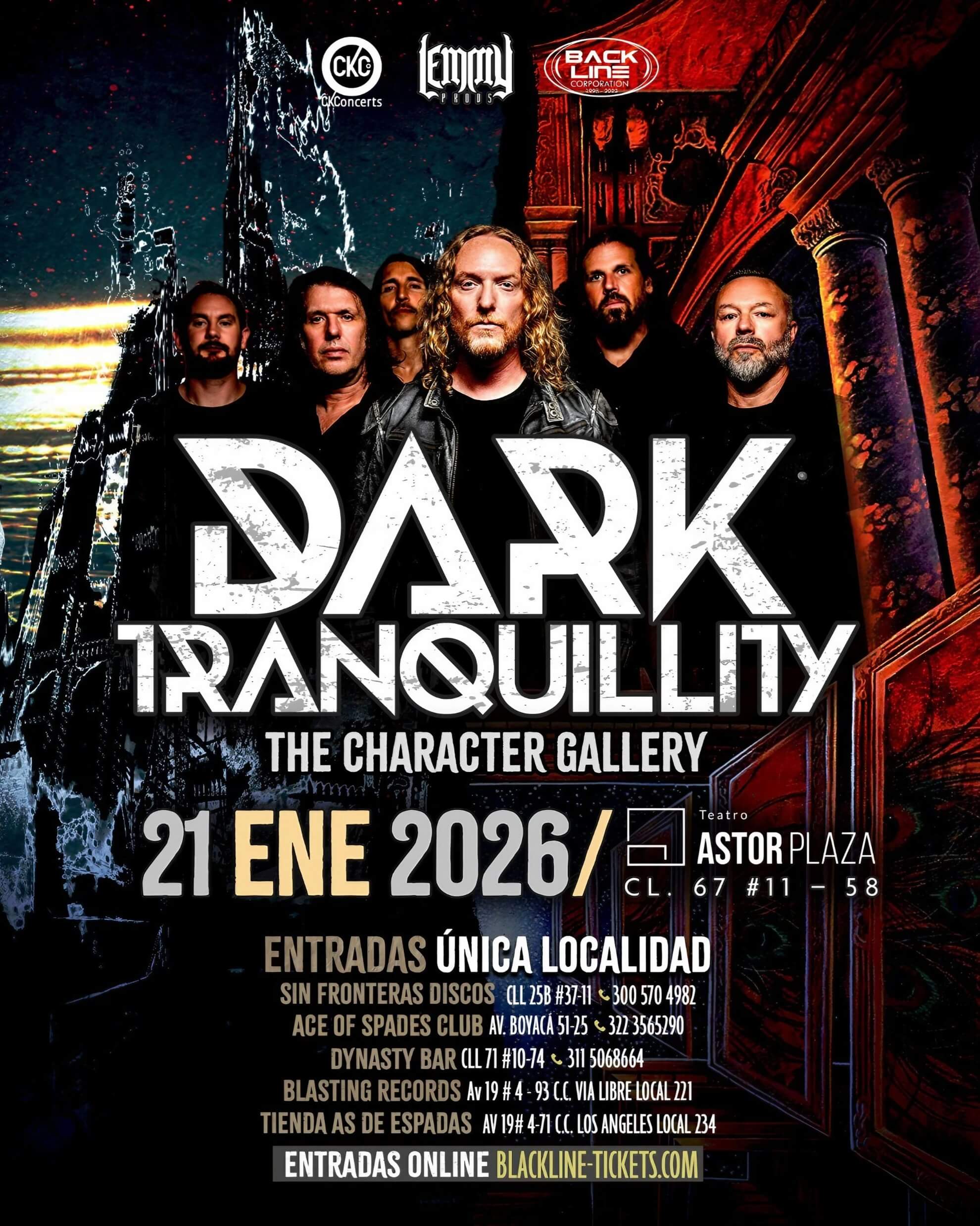 Poster for the Dark Tranquillity The Character Gallery Tour. Features the band members in dark attire against a stylized, gothic backdrop, with bold text listing the date January 21, 2026, and the venue Teatro Astor Plaza.