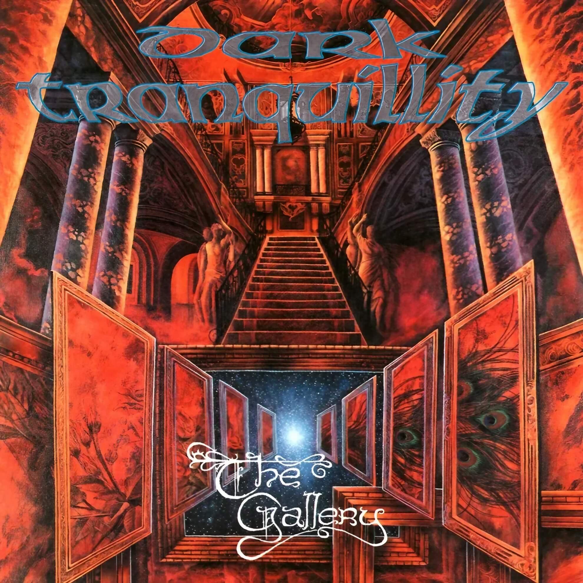 A surreal, painted album cover featuring a grand staircase flanked by pillars and red drapes, leading up to a glowing blue portal.