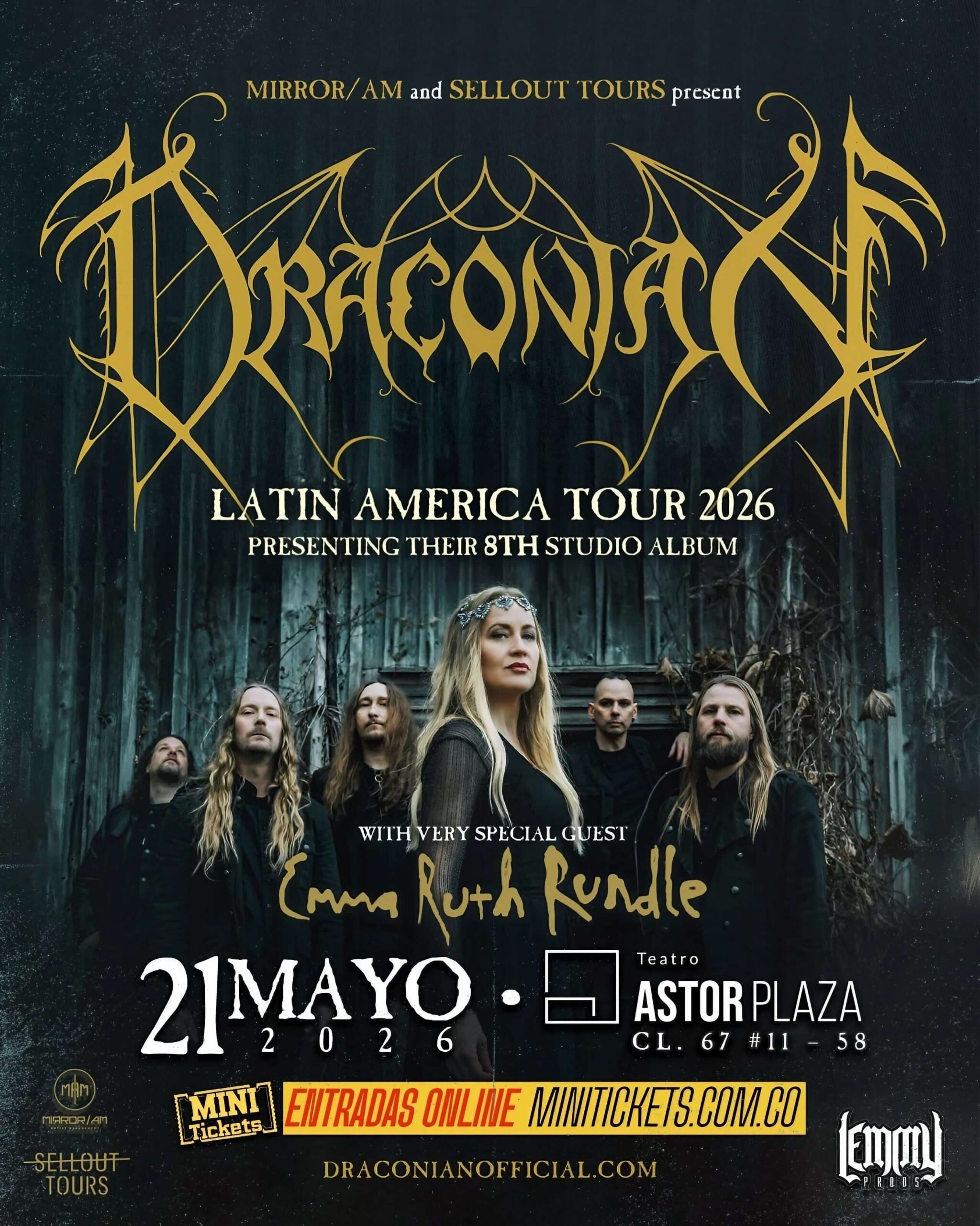 A poster for the Draconian concert features the band members set against a dark, rocky backdrop. The image, which is vertical, is dominated by the band’s jagged, white logo at the top.
