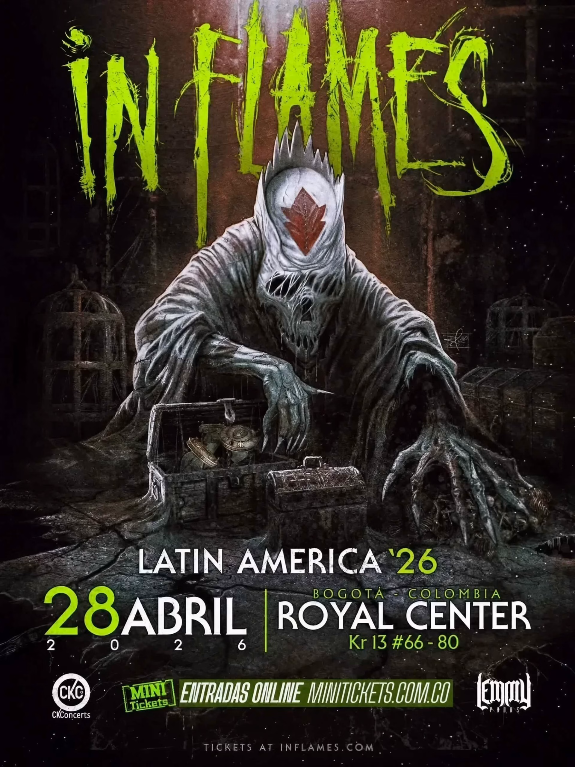 Poster for the In Flames Latin America Tour 2026. Features a skeletal Jesterhead mascot surrounded by timekeeping motifs against a dark, atmospheric background.