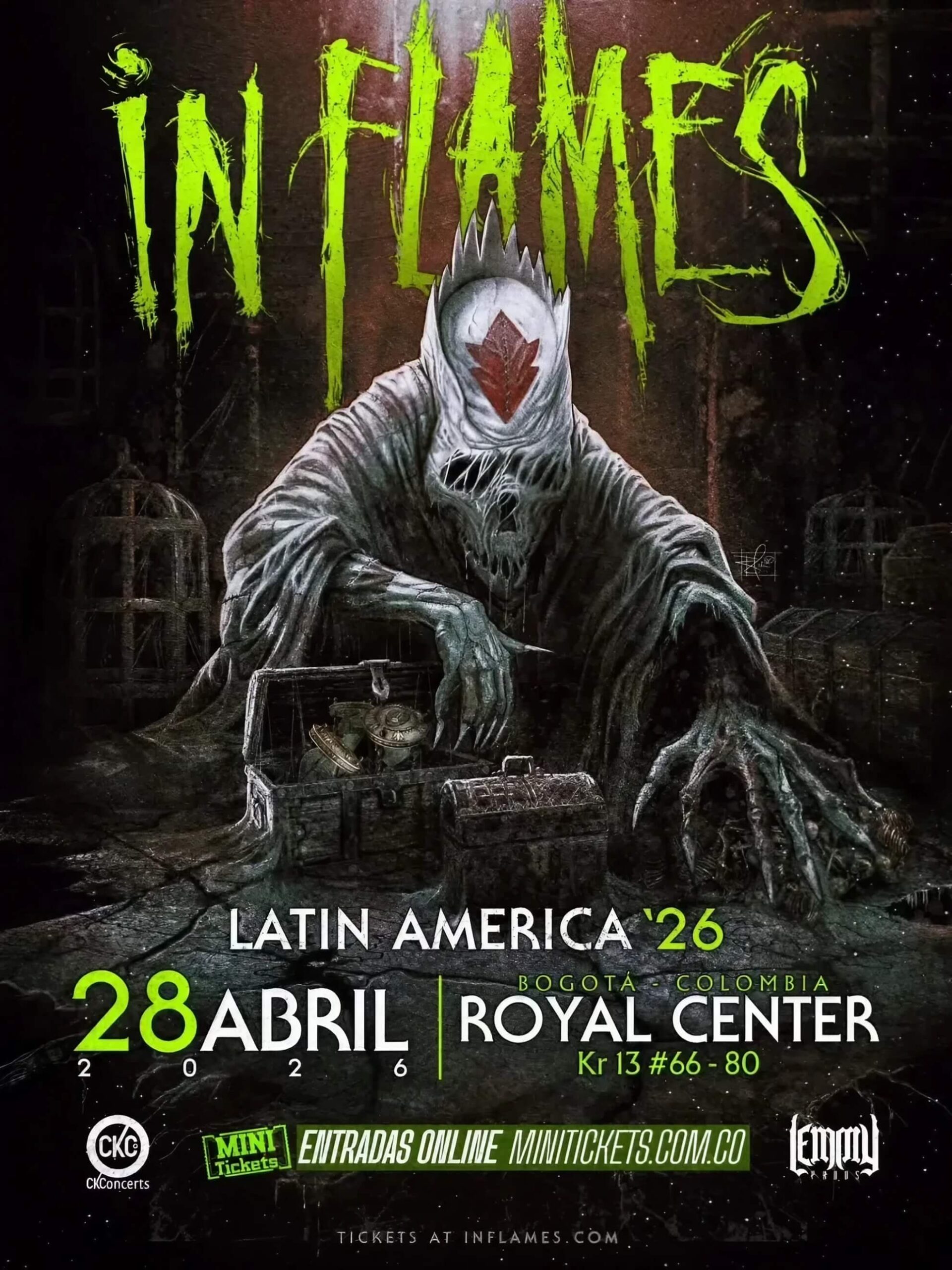 Poster for the In Flames Latin America Tour 2026. Features a skeletal Jesterhead mascot surrounded by timekeeping motifs against a dark, atmospheric background.