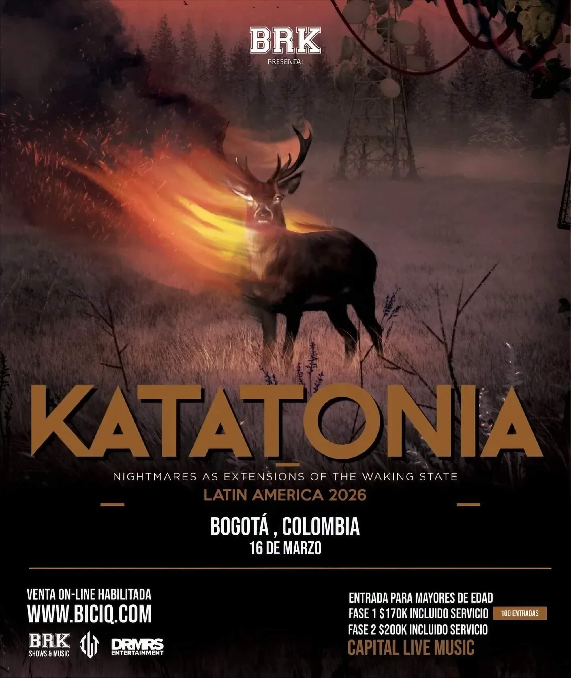 Poster for Katatonia’s 2026 Bogotá show. Features a stag with its head engulfed in flames standing in a misty, dark landscape.