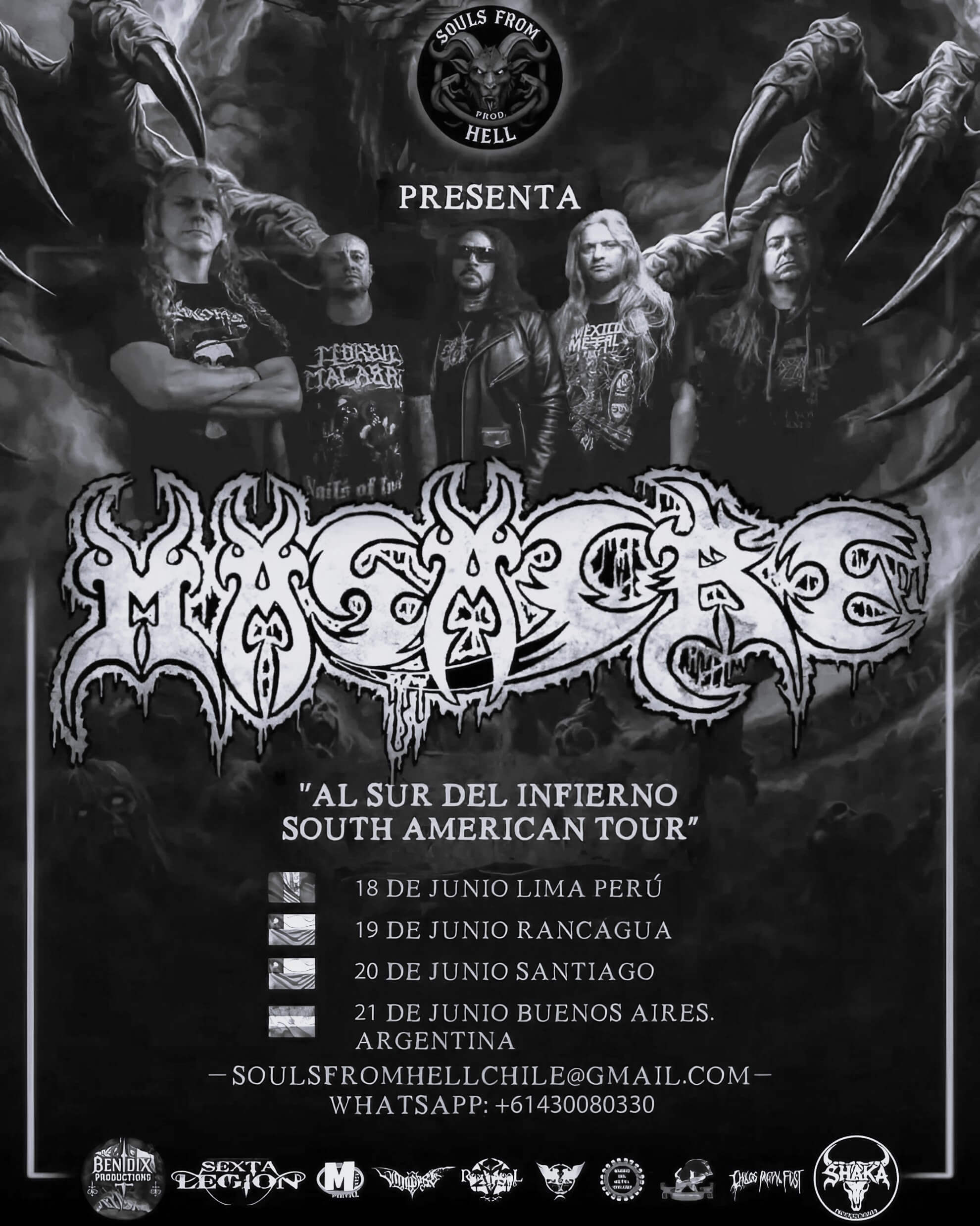 Poster for the Al Sur Del Infierno tour. The band members are depicted against a hellish backdrop of demonic figures and red typography.