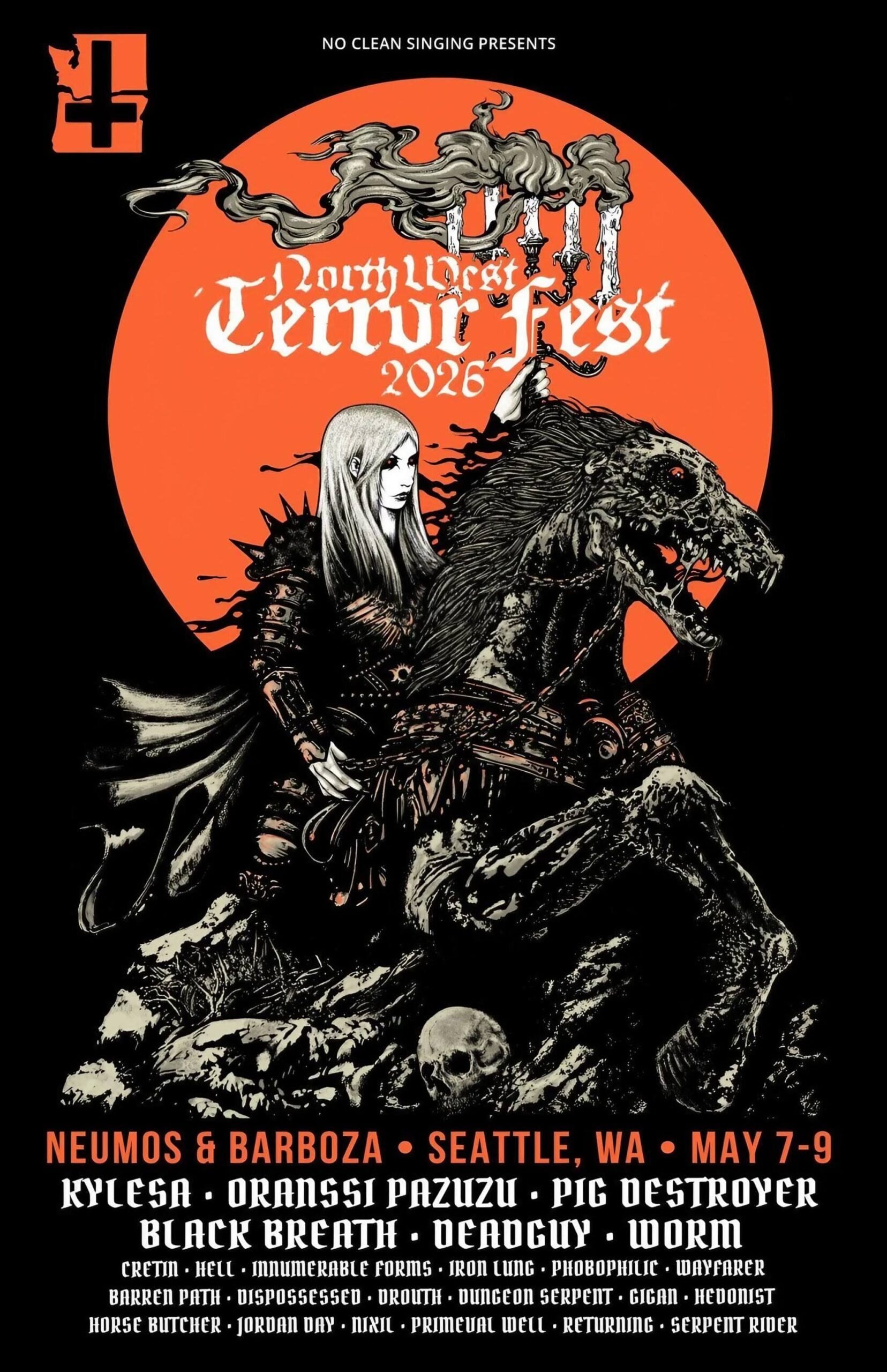 Poster for Northwest Terror Fest 2026. Features a skeletal rider and lists Worm, Pig Destroyer, and Black Breath.