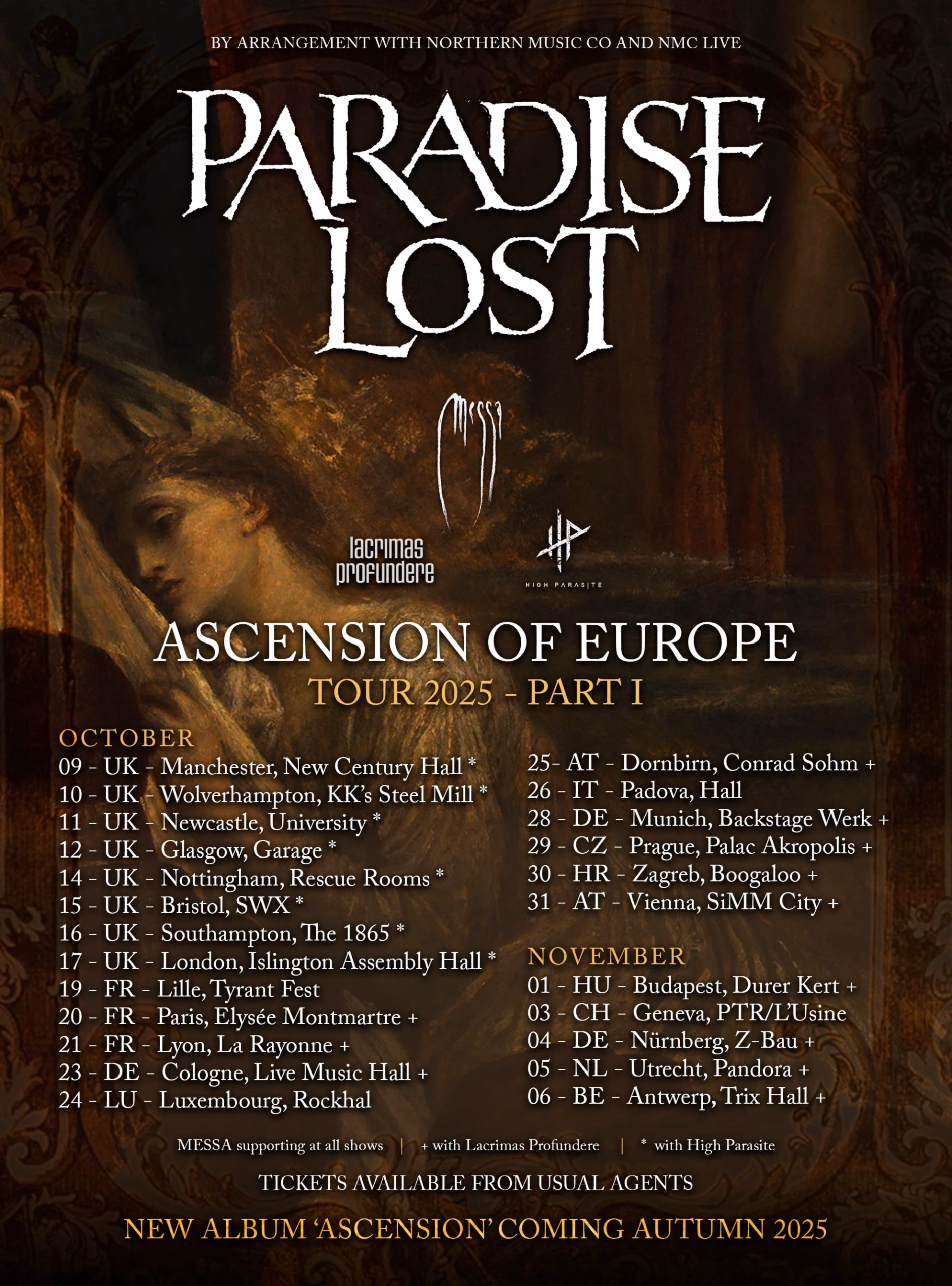 Poster for the Ascension of Europe 2025 tour. Features large white text reading Paradise Lost above tour dates on a dark background with classical artwork.