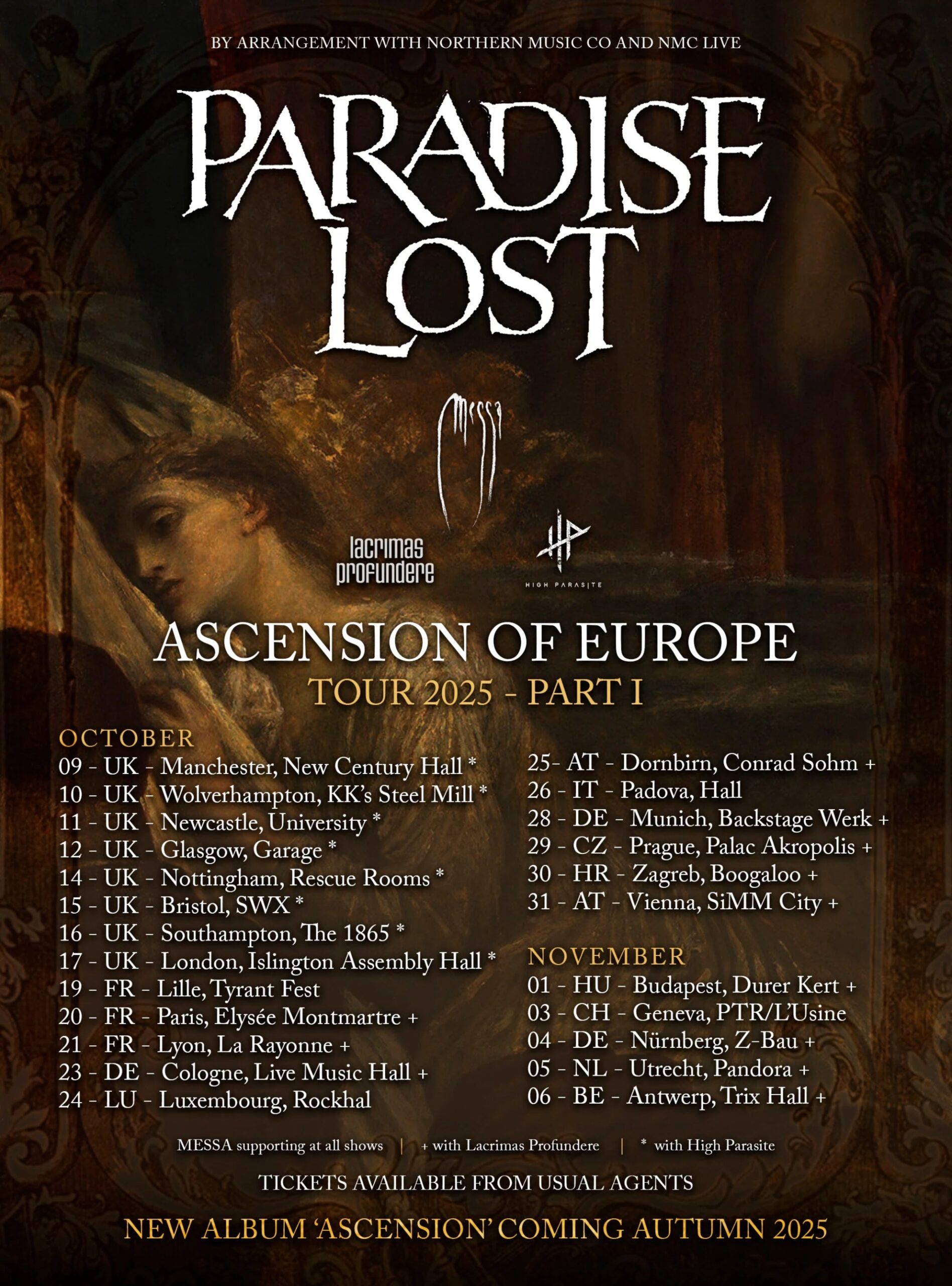 Paradise Lost: Surveying the Terrain of Melancholy in ‘Salvation’ Poster for the Ascension of Europe 2025 tour. Features large white text reading Paradise Lost above tour dates on a dark background with classical artwork.