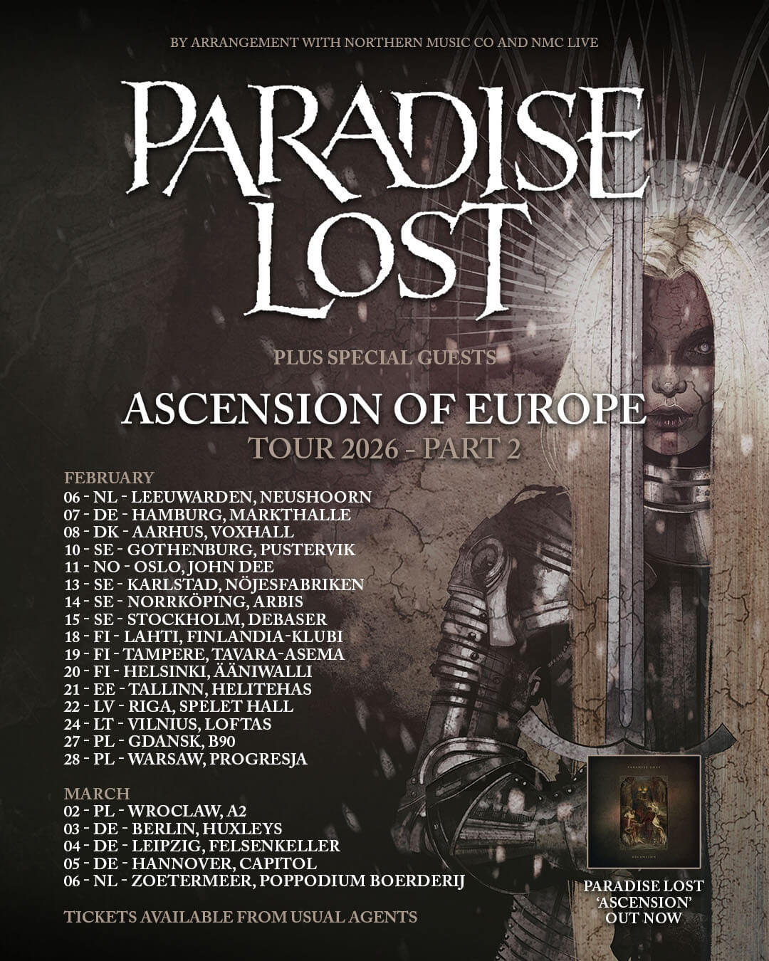Paradise Lost: Surveying the Terrain of Melancholy in ‘Salvation’ Poster for the Ascension of Europe 2026 tour. Features the band’s logo and tour dates superimposed over a shadowy, gothic art piece.