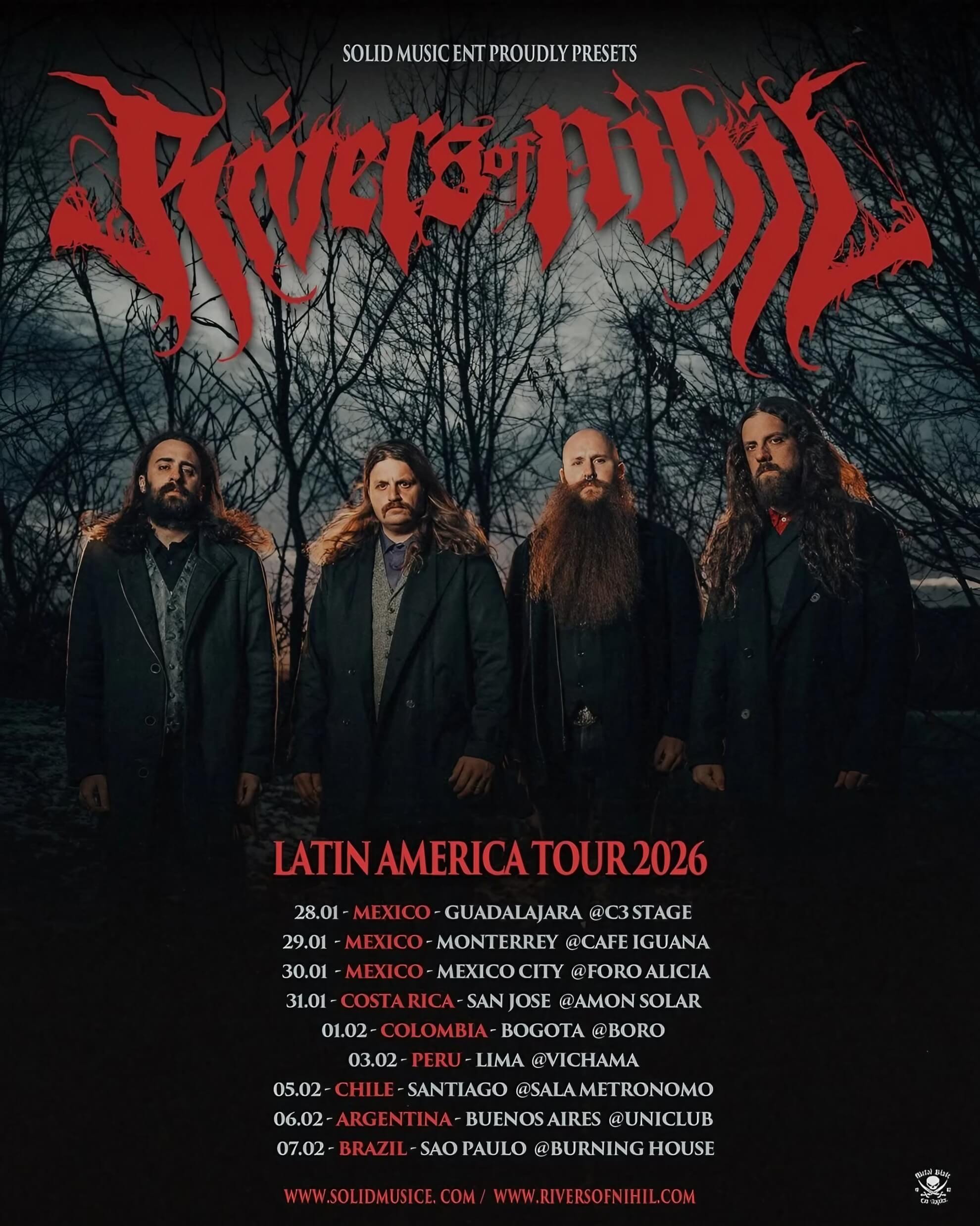 Poster for the Rivers of Nihil tour. A dark, textured background with white and red typography listing tour dates.