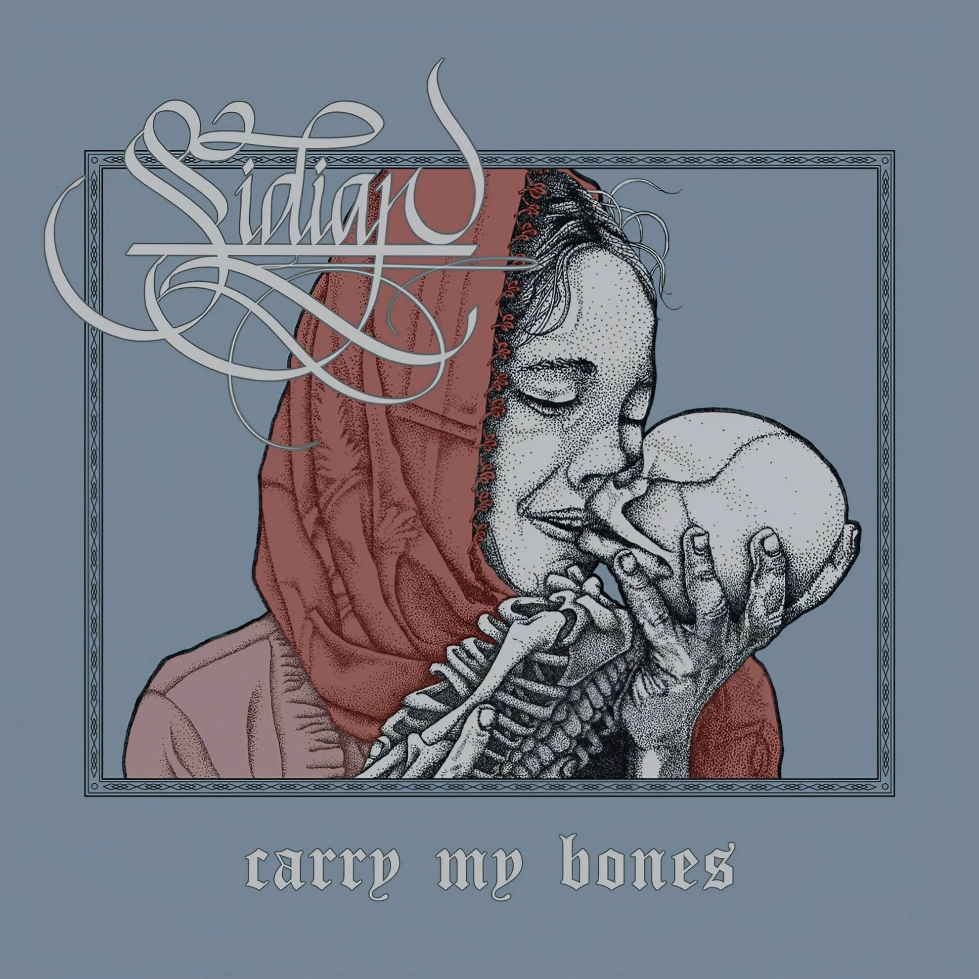 A stippled illustration of a woman in a red headscarf gently kissing a human skull against a muted blue-grey background.