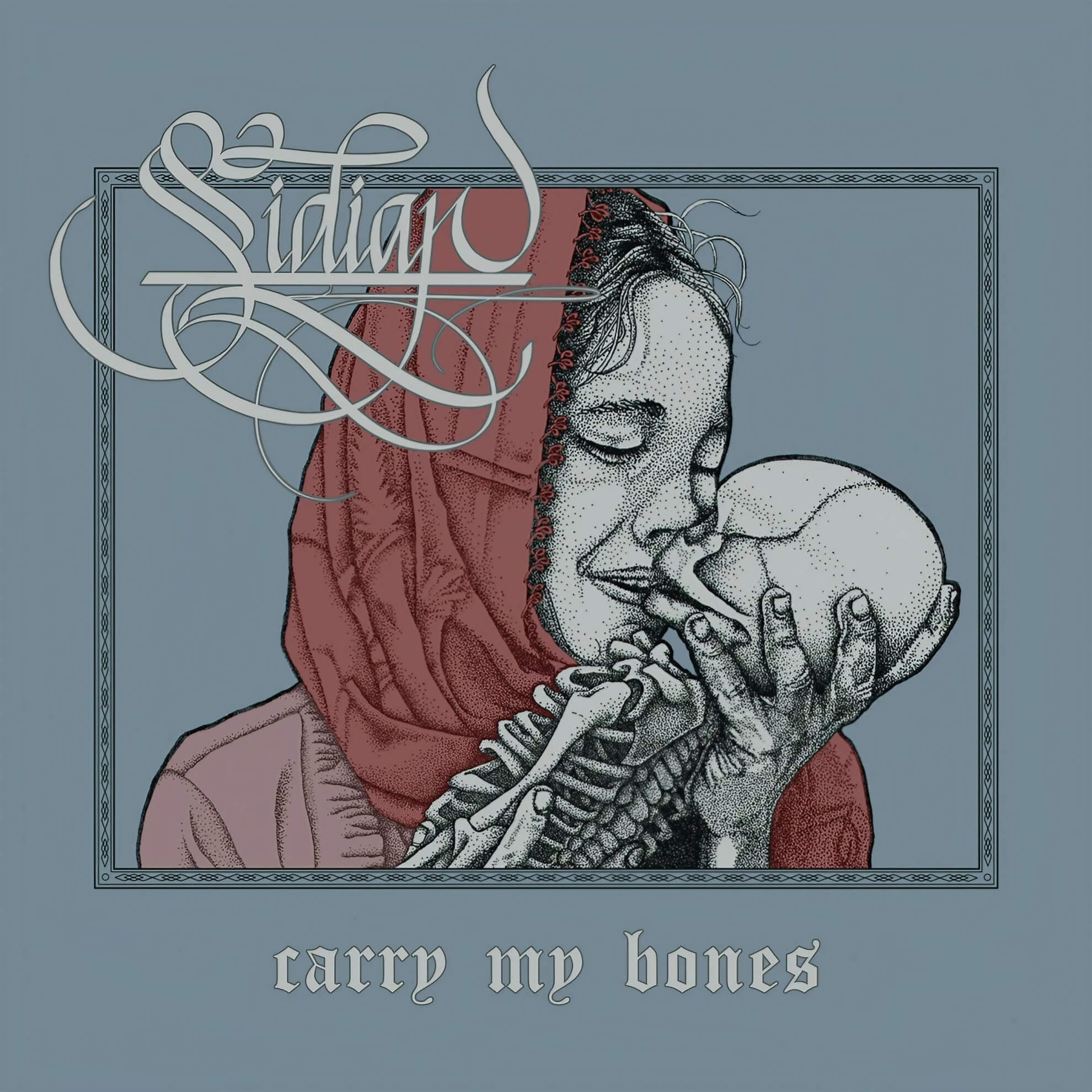 A stippled illustration of a woman in a red headscarf gently kissing a human skull against a muted blue-grey background.