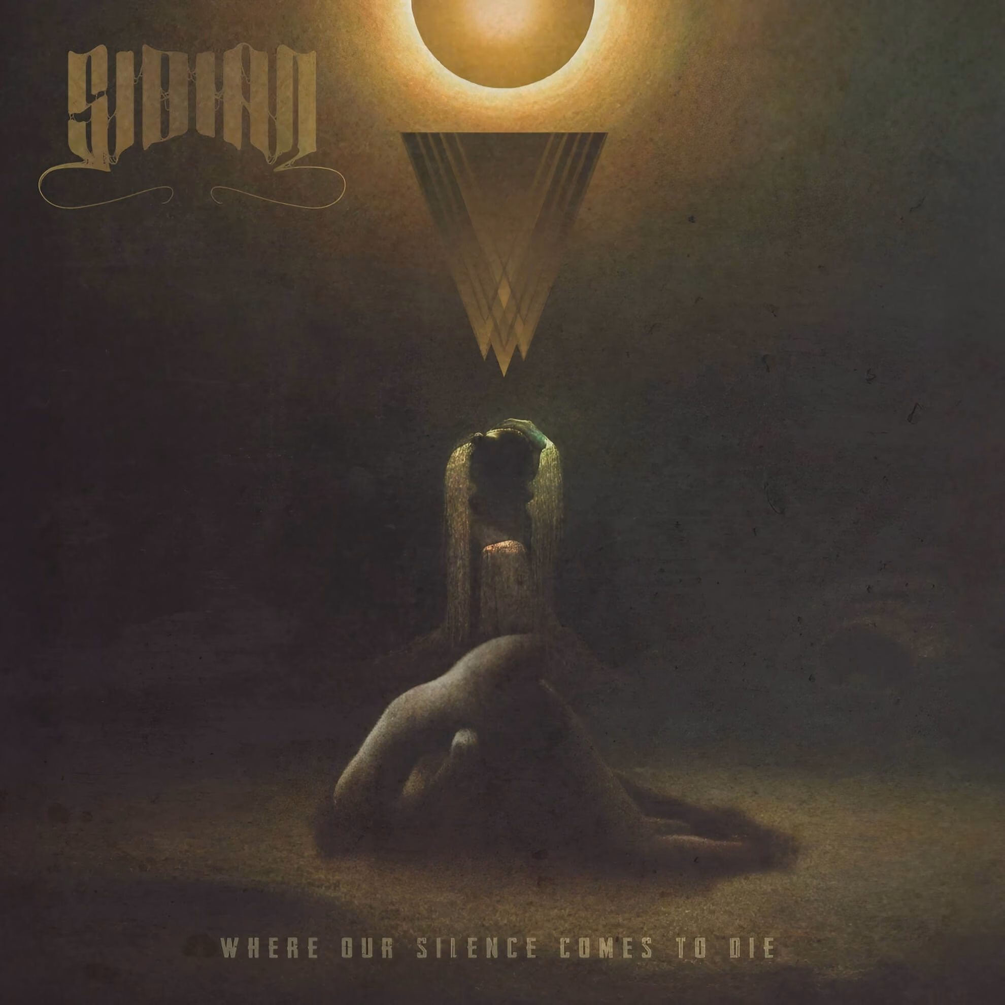 A surreal dark painting of a figure huddled beneath a floating golden eclipse and a geometric inverted triangle.