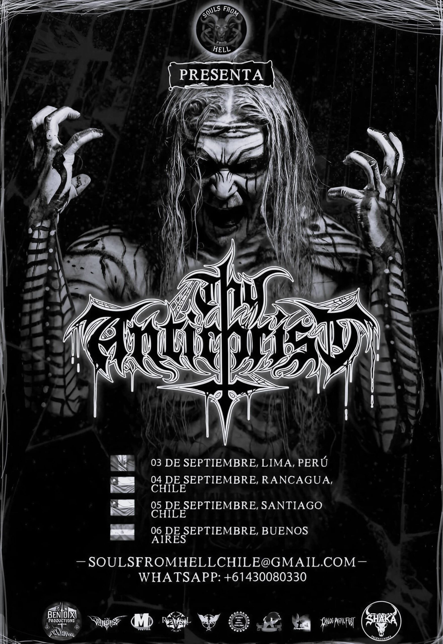 A dark, high-contrast promotional flyer featuring the Thy Antichrist logo, tour year 2026, and a list of South American nations.