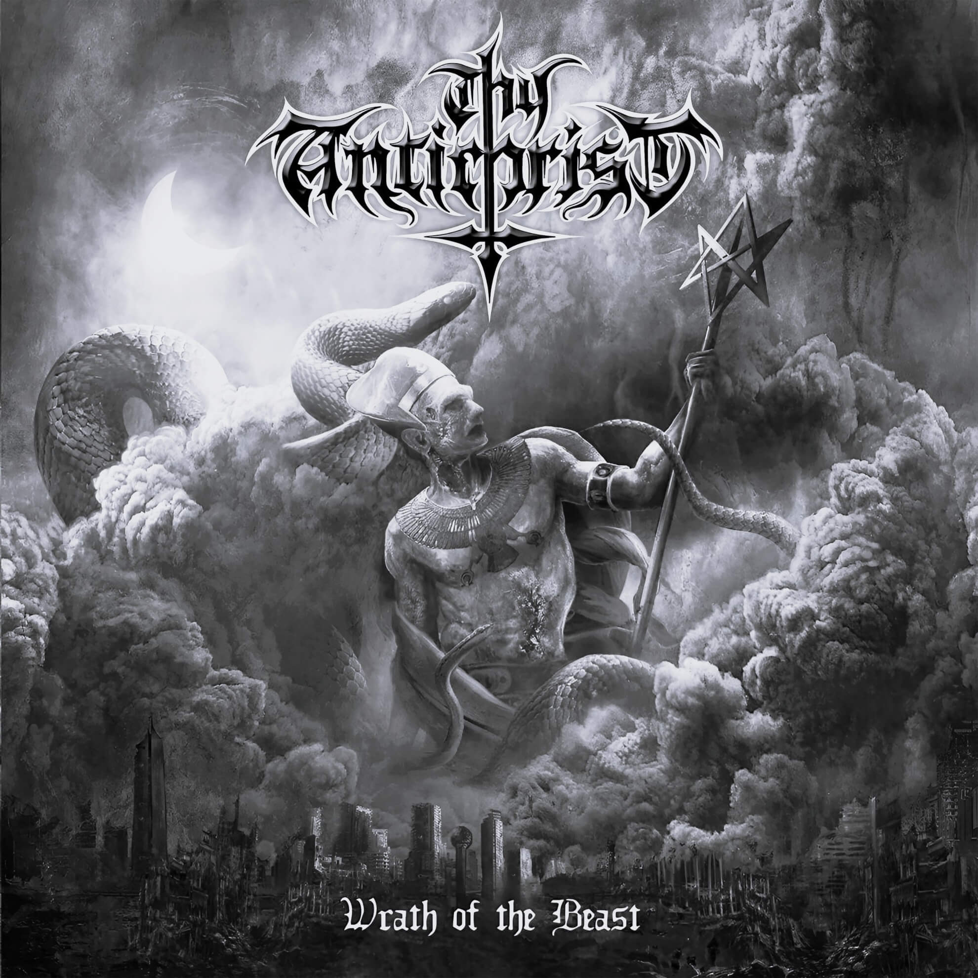 A menacing, horned goat head with glowing eyes emerges from swirling dark smoke and fire against a black background.