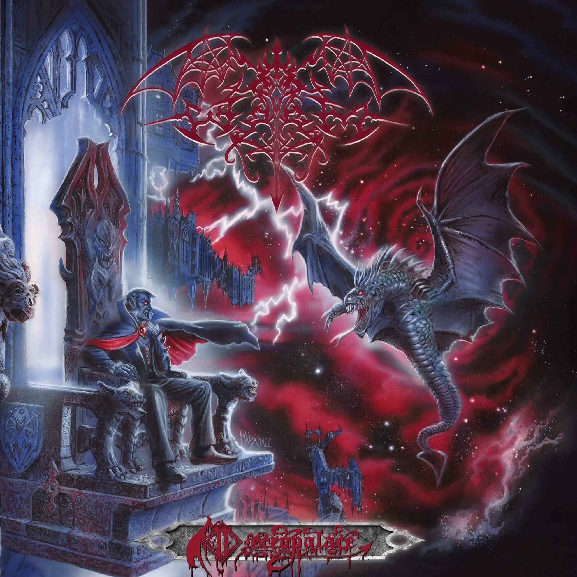 Album cover for ‘Necropalace.’ A vampire on a throne faces a winged dragon against a red cosmic void and dark castle spires.