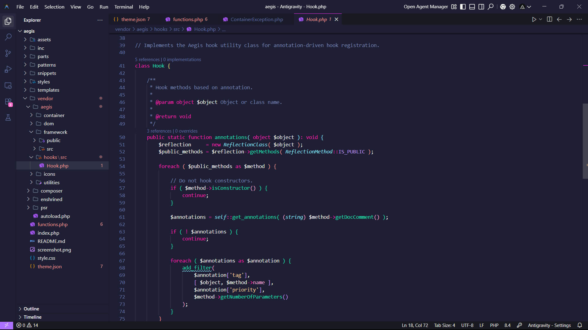 A dark-mode code editor window displaying the raw PHP source code for the Aegis Hook.php class, highlighting modern, annotation-driven methods for event registration.