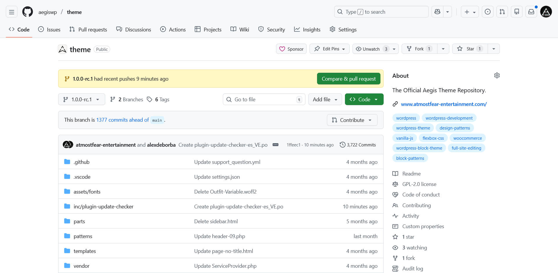 The official Aegis GitHub repository interface displaying the root directory.