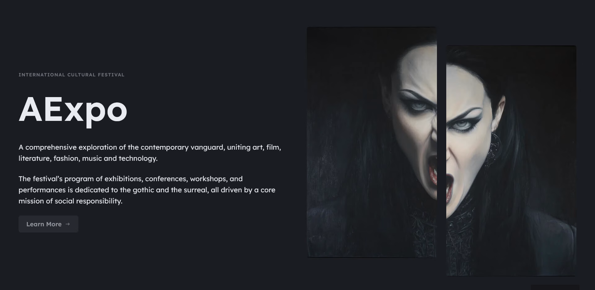 The dark-mode frontend view of a section, displaying crisp typography and a creative split-image layout that matches the backend editor perfectly.