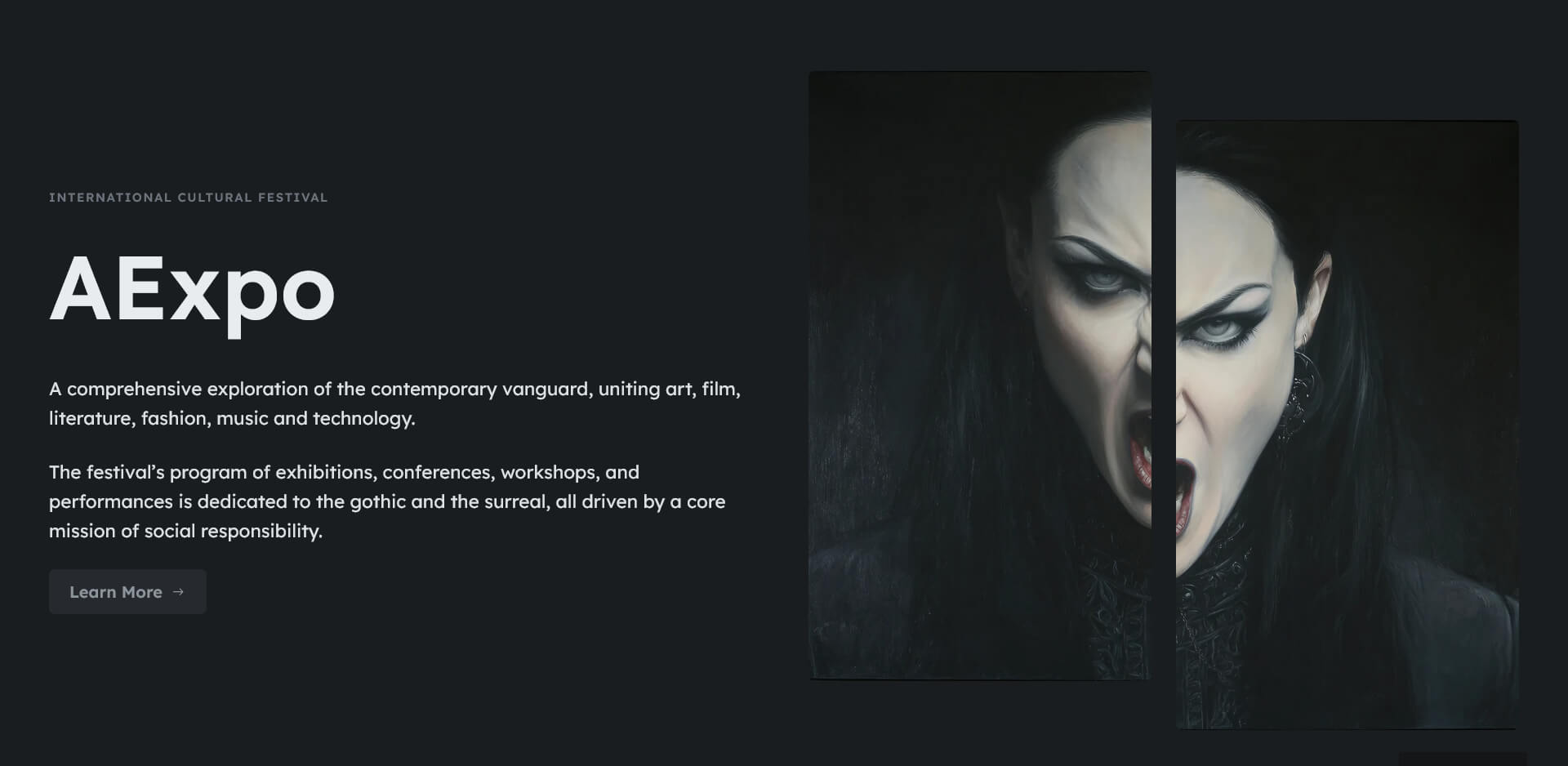The dark-mode frontend view of a section, displaying crisp typography and a creative split-image layout that matches the backend editor perfectly.