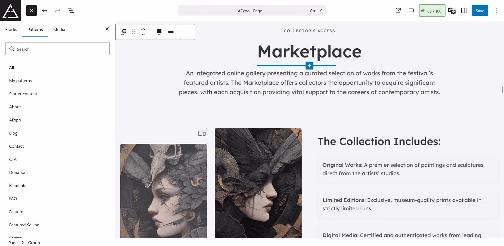 The WordPress Block Editor interface displaying the Aegis Pattern Library sidebar with categories.
