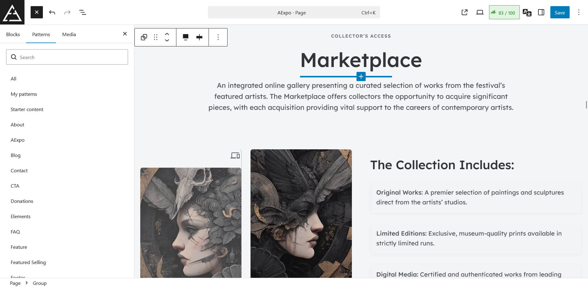 The WordPress Block Editor interface displaying the Aegis Pattern Library sidebar with categories.