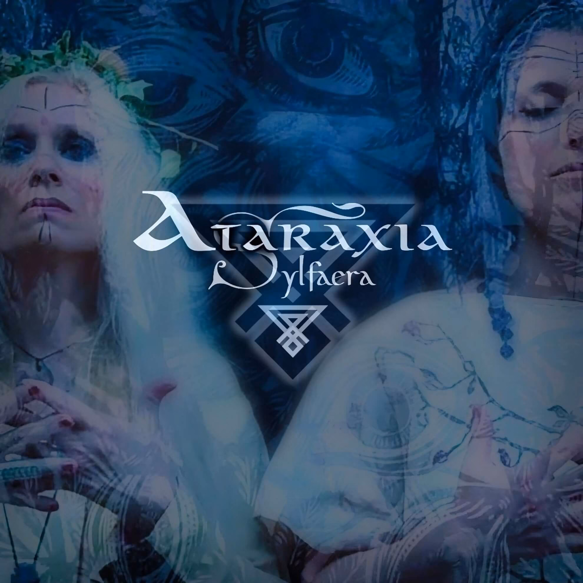 Two translucent faces of a woman are overlaid with blue tones and intricate geometric hermetic symbols and an eye.