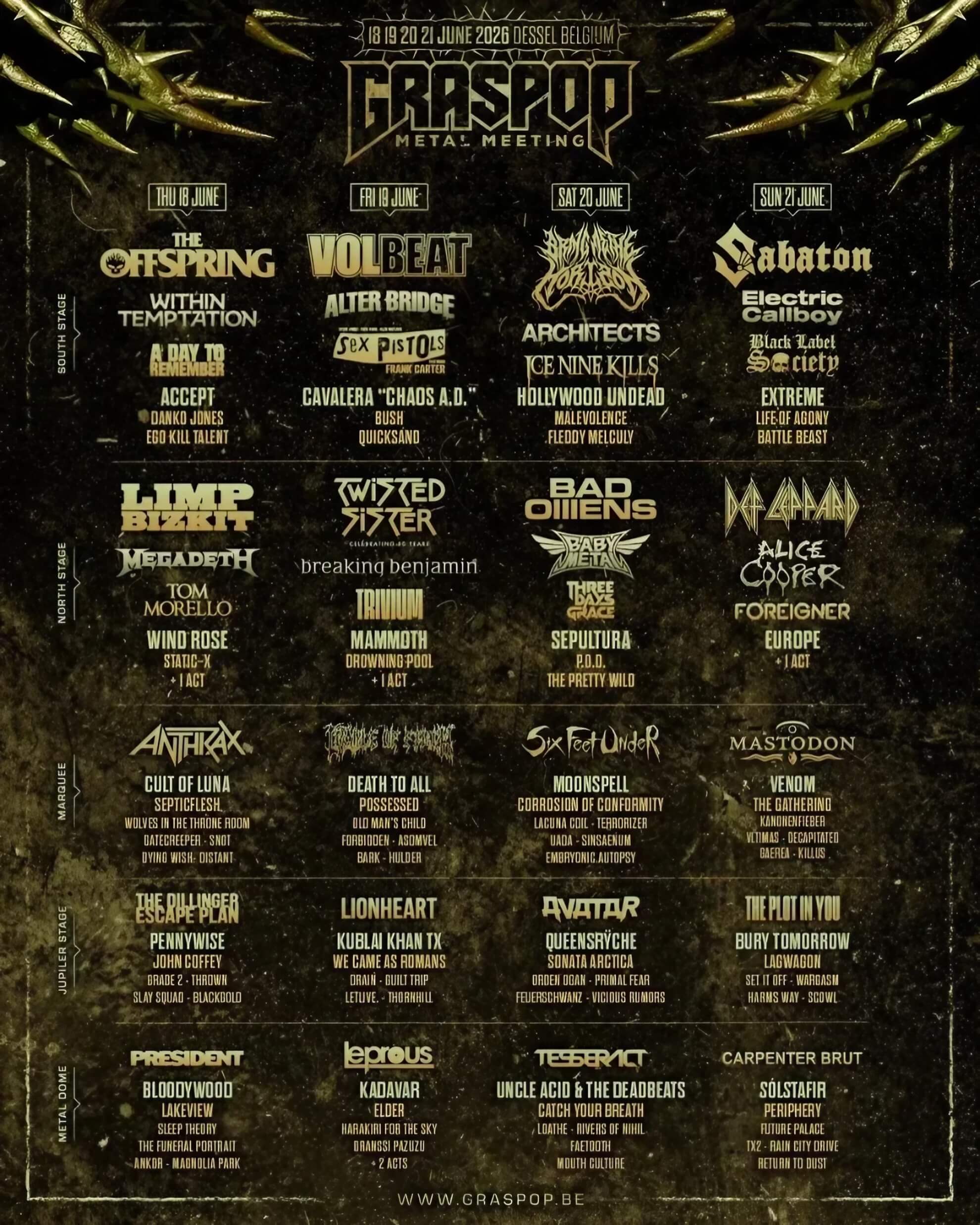 Graspop Metal Meeting 2026 poster. The festival lineup is listed in column format against a dark, textured background.