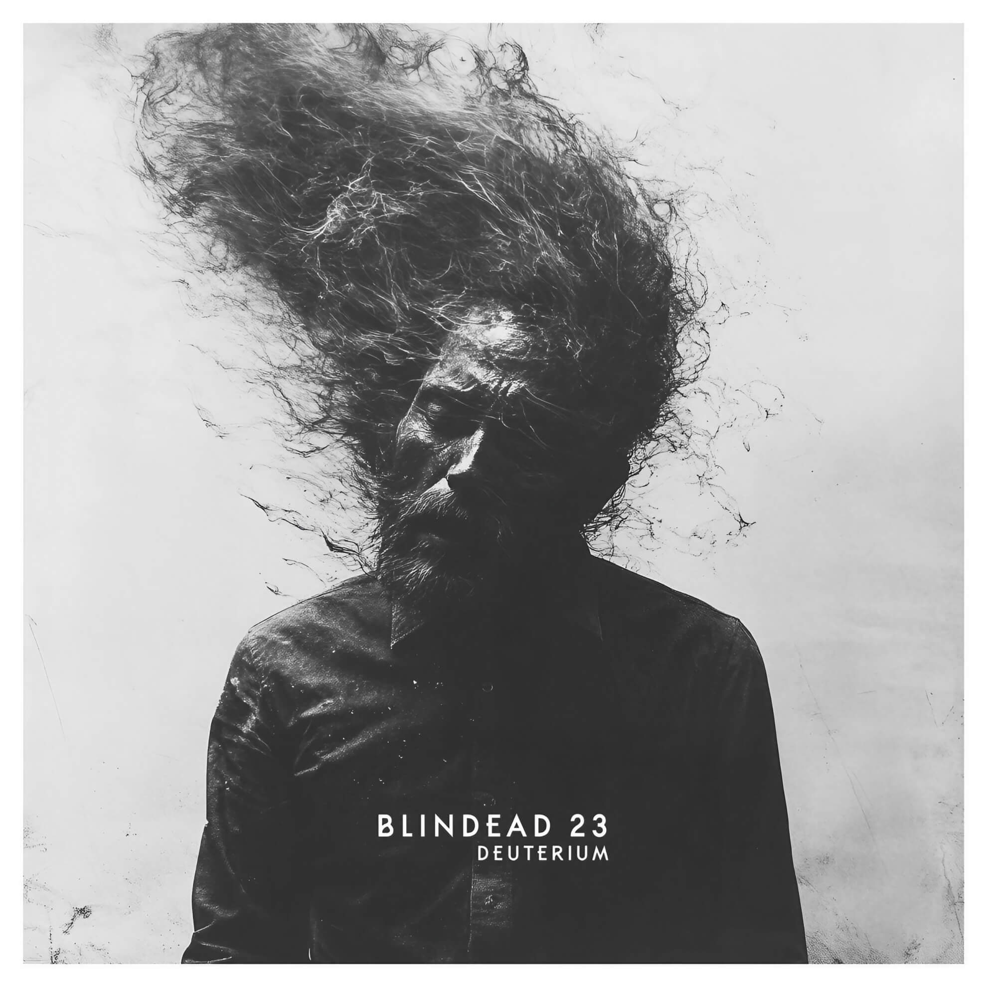 Blindead 23 and the Renaissance Weight of ‘Deuterium’ Monochrome art of a bearded man in a dark shirt, his head dissolving into swirling black smoke upwards.