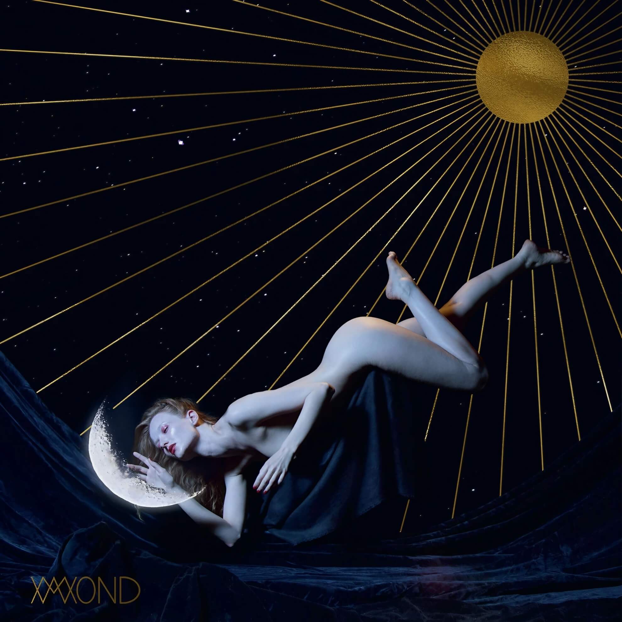 Album cover for &lsquo;Mond.&rsquo; A nude figure floats in a starry sky between a crescent moon and a golden sun.
