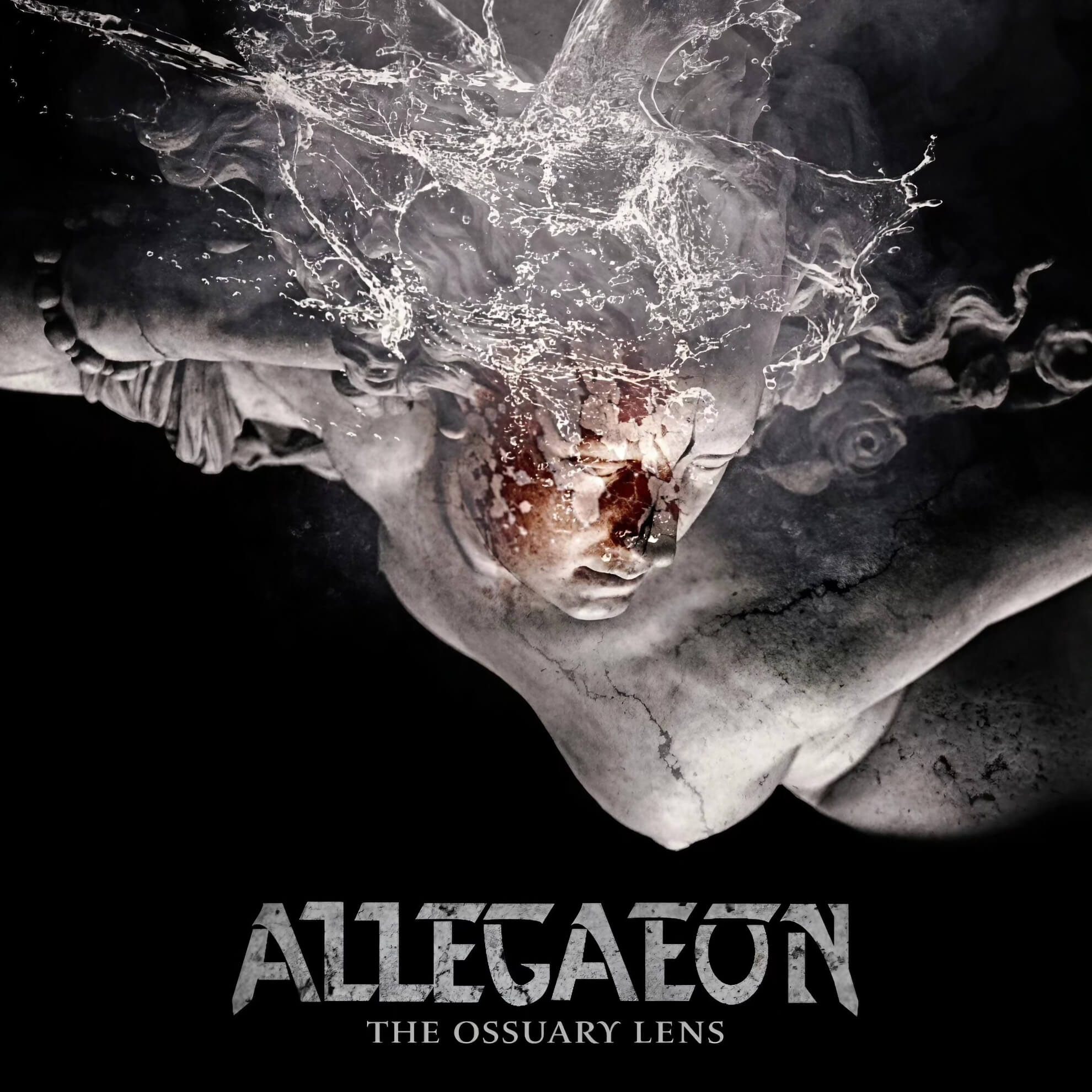 Seth Siro Anton &lsquo;The Ossuary Lens&rsquo; Allegaeon cover &mdash; stone figure, head thrown back, dissolving upward into a water explosion.