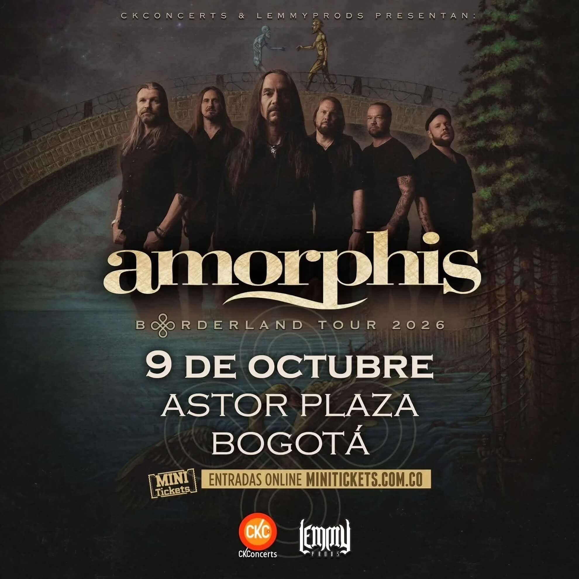 Event poster for Amorphis &mdash; Borderland Tour 2026. October 9, Astor Plaza, Bogot&aacute;. The band stands before the album&rsquo;s bridge artwork on a dark, teal-toned background.