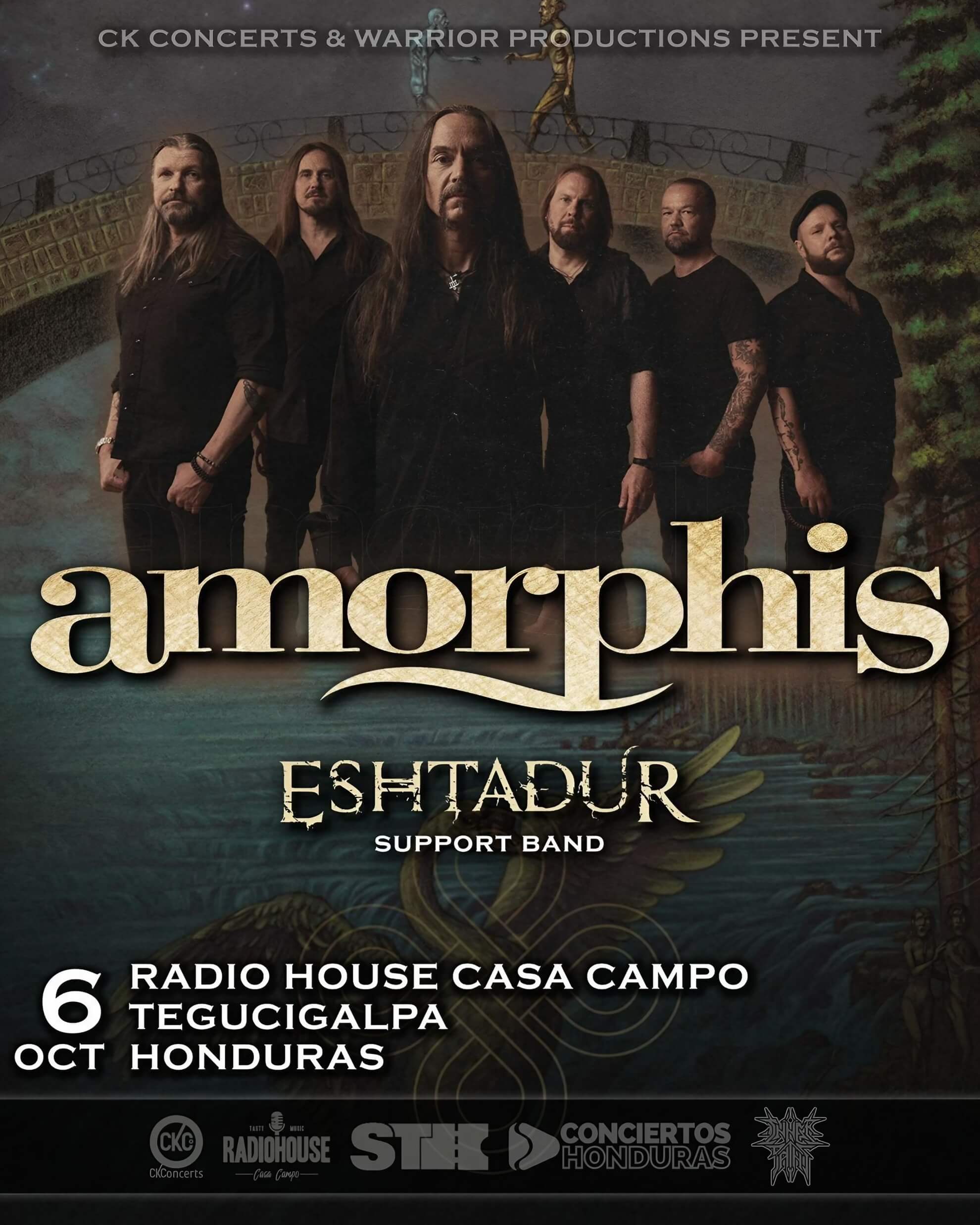 Event poster for Amorphis with Eshtadur as support band. October 6, Radio House Casa Campo, Tegucigalpa, Honduras. Presented by CK Concerts and Warrior Productions. Five members of Amorphis stand before a painted backdrop of a forest bridge over dark water with a solitary figure above. Sponsor logos at the base include RadioHouse Casa Campo, STH, and Conciertos Honduras.