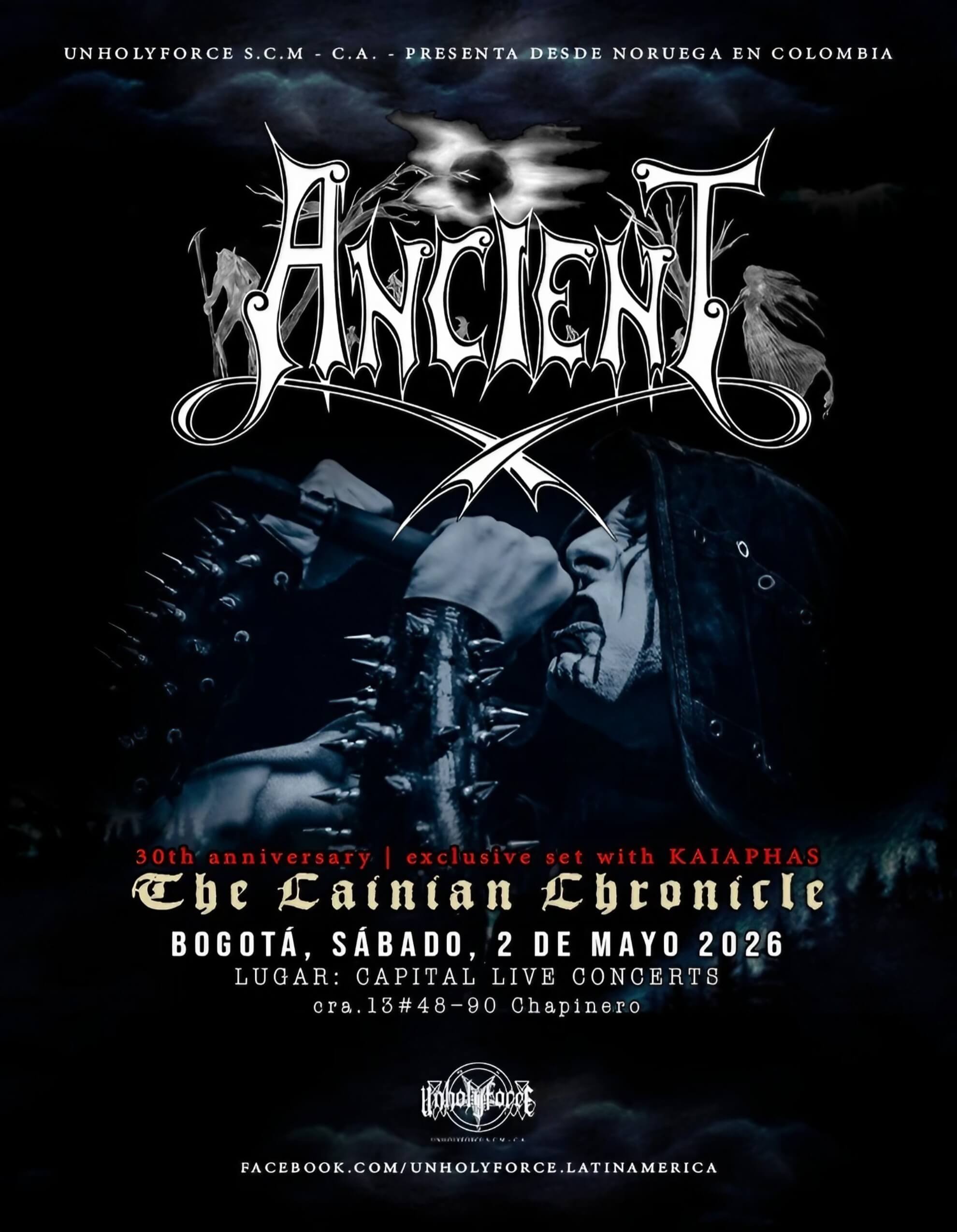Ancient Consecrates Capital Live Concerts in Bogotá This May Ancient tour poster on a black background. The band logo crowns a hooded, spiked figure mid-scream. Event details in white and red text below.