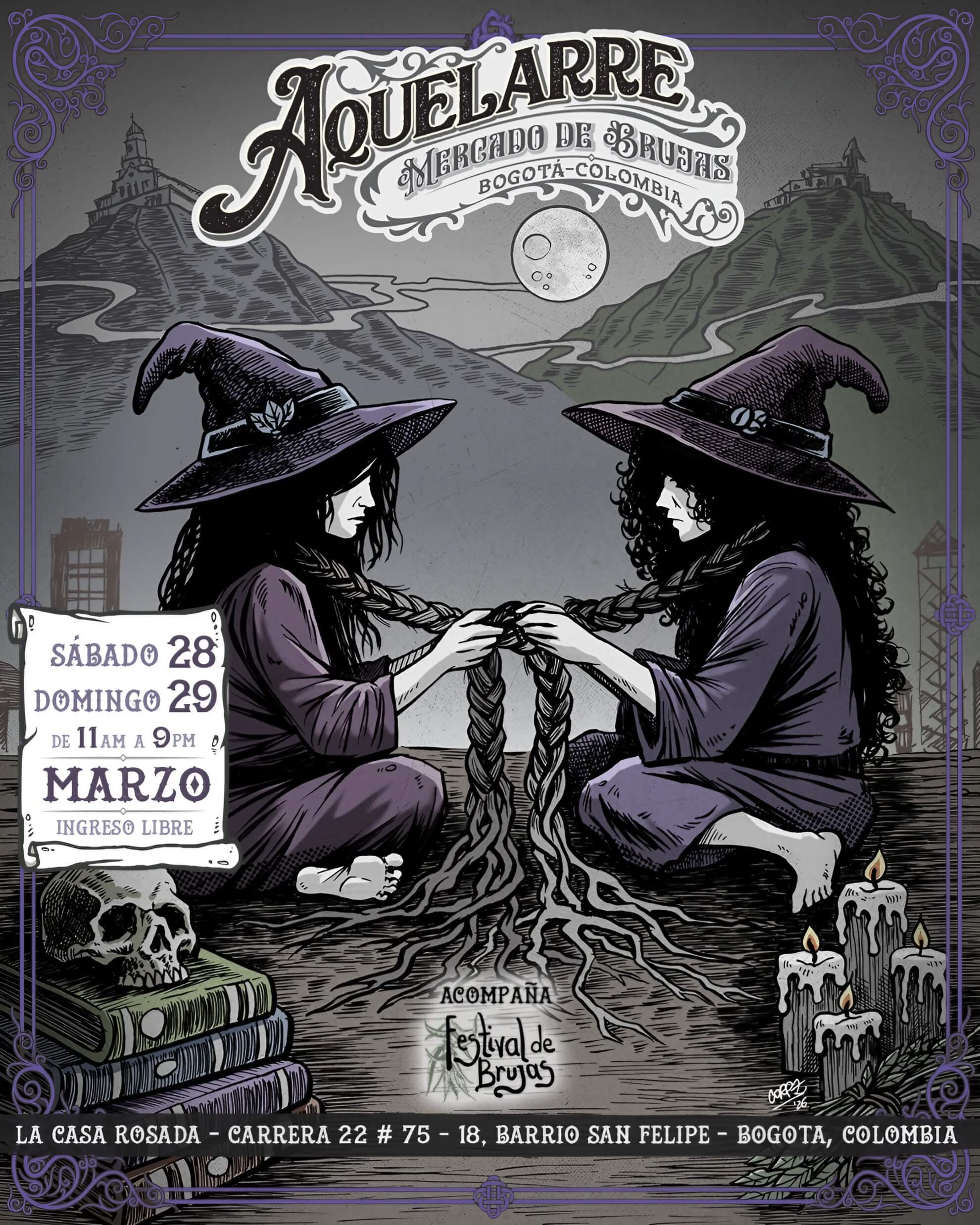 Two witches braid their hair into roots under a full moon; skull, books, and candles frame them against Bogot&aacute;&rsquo;s mountains.