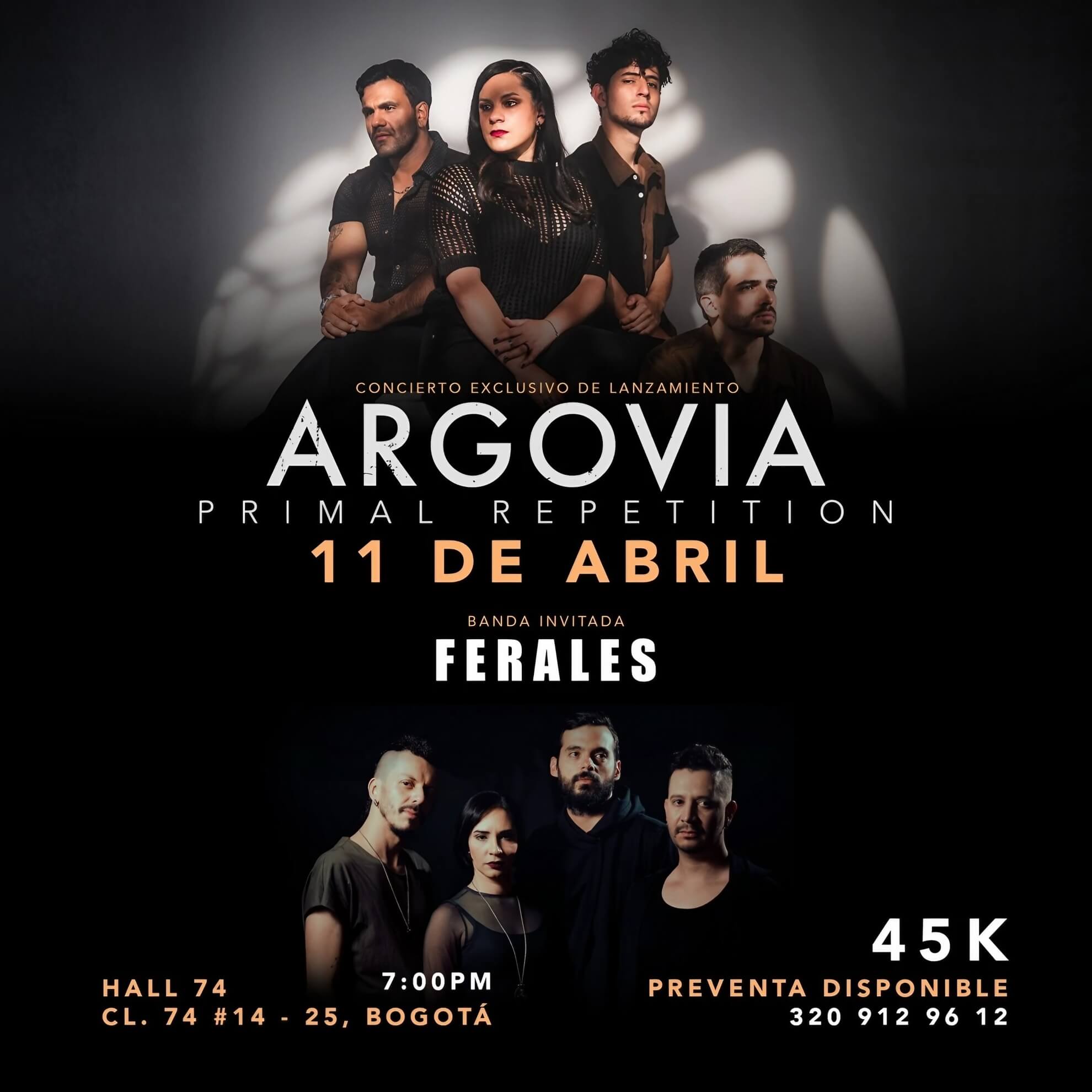 Square concert poster for Argovia&rsquo;s &lsquo;Primal Repetition&rsquo; exclusive launch show, April 11, Bogot&aacute;; Ferales listed as guest band below.