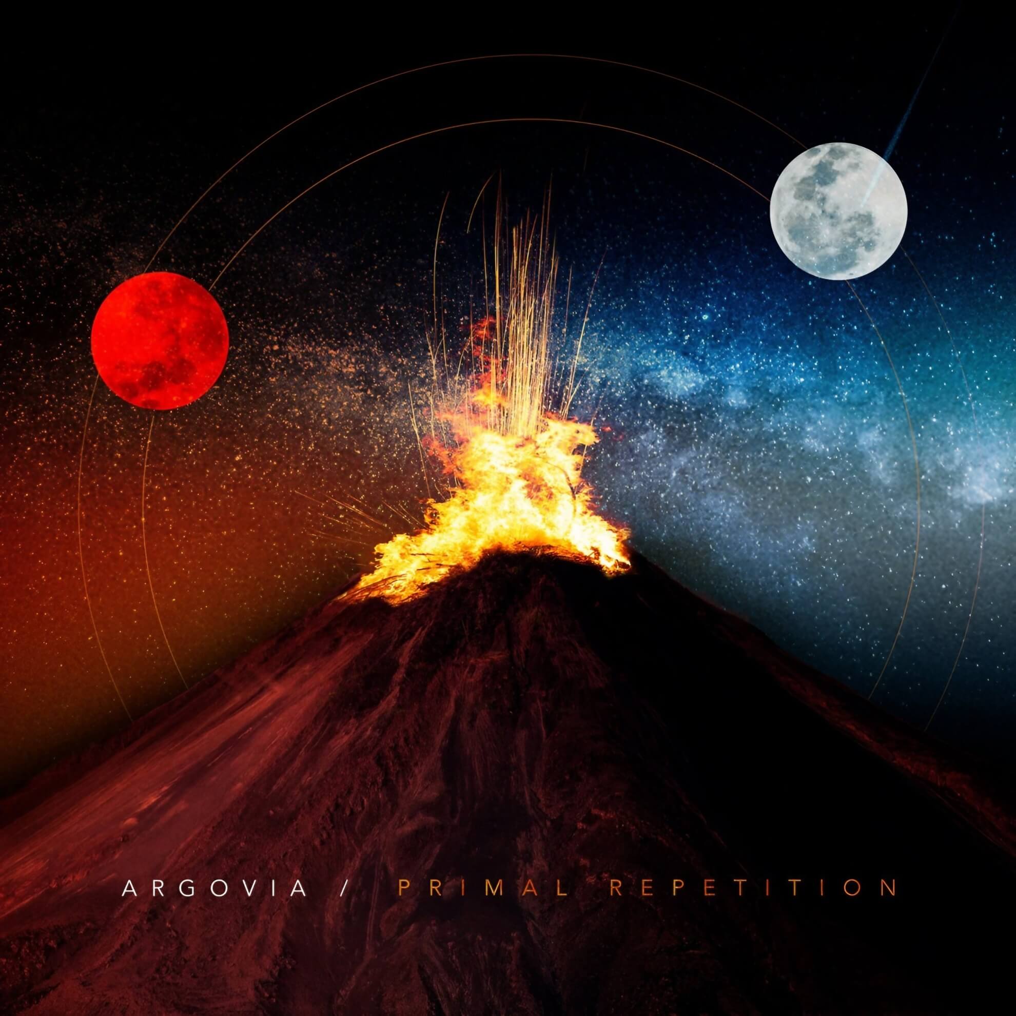 Erupting volcano at night flanked by a red orb and a full moon on opposing orbital arcs, sky split between amber and galaxy blue.