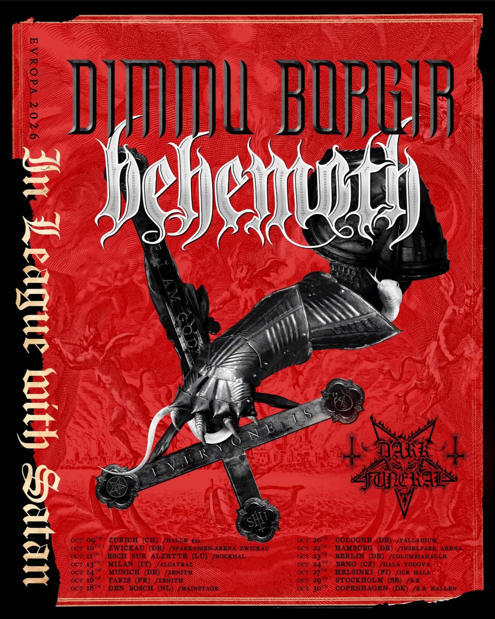 Dimmu Borgir Settle a Debt With ‘Ulvgjeld & Blodsodel’ In League with Satan 2026 tour poster for Dimmu Borgir and Behemoth, with Dark Funeral, listing 14 European dates in October.