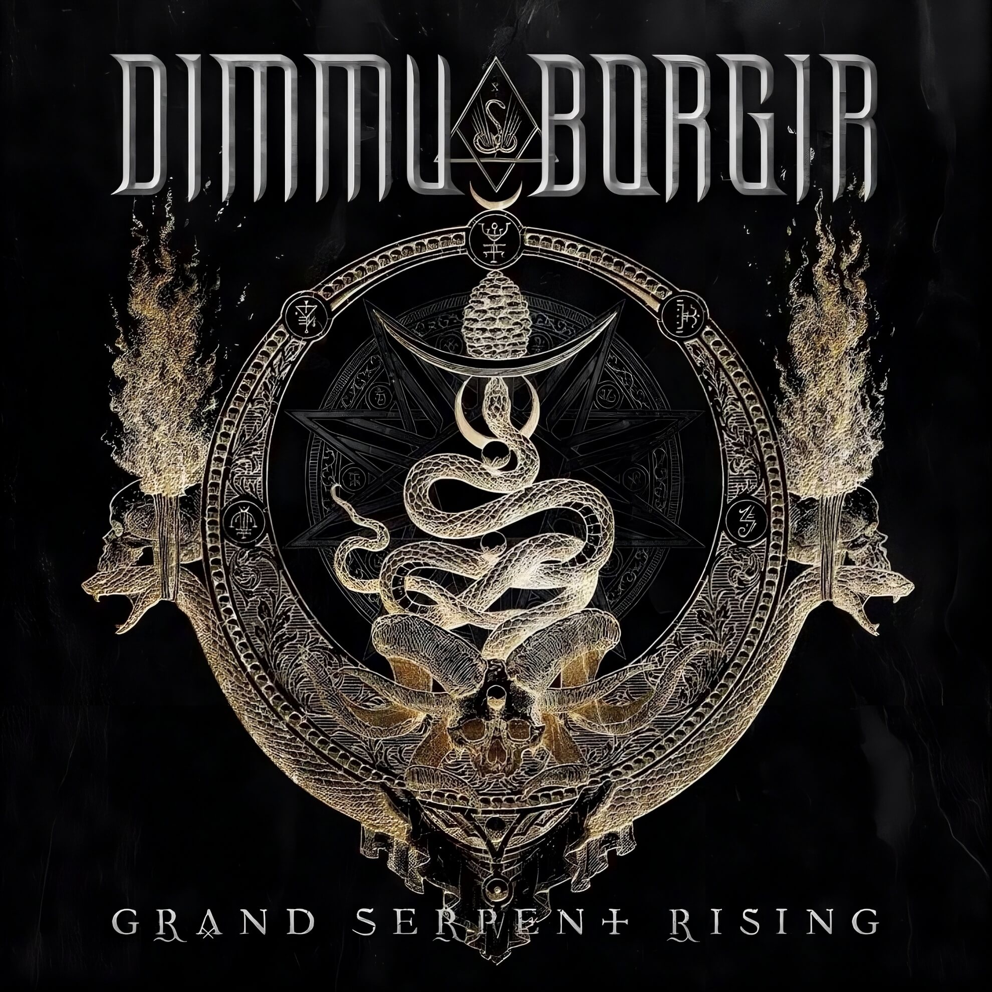 Dimmu Borgir Settle a Debt With ‘Ulvgjeld & Blodsodel’ ‘Grand Serpent Rising’ album cover: coiled serpent within an alchemical sigil circle, flanked by twin torch flames.