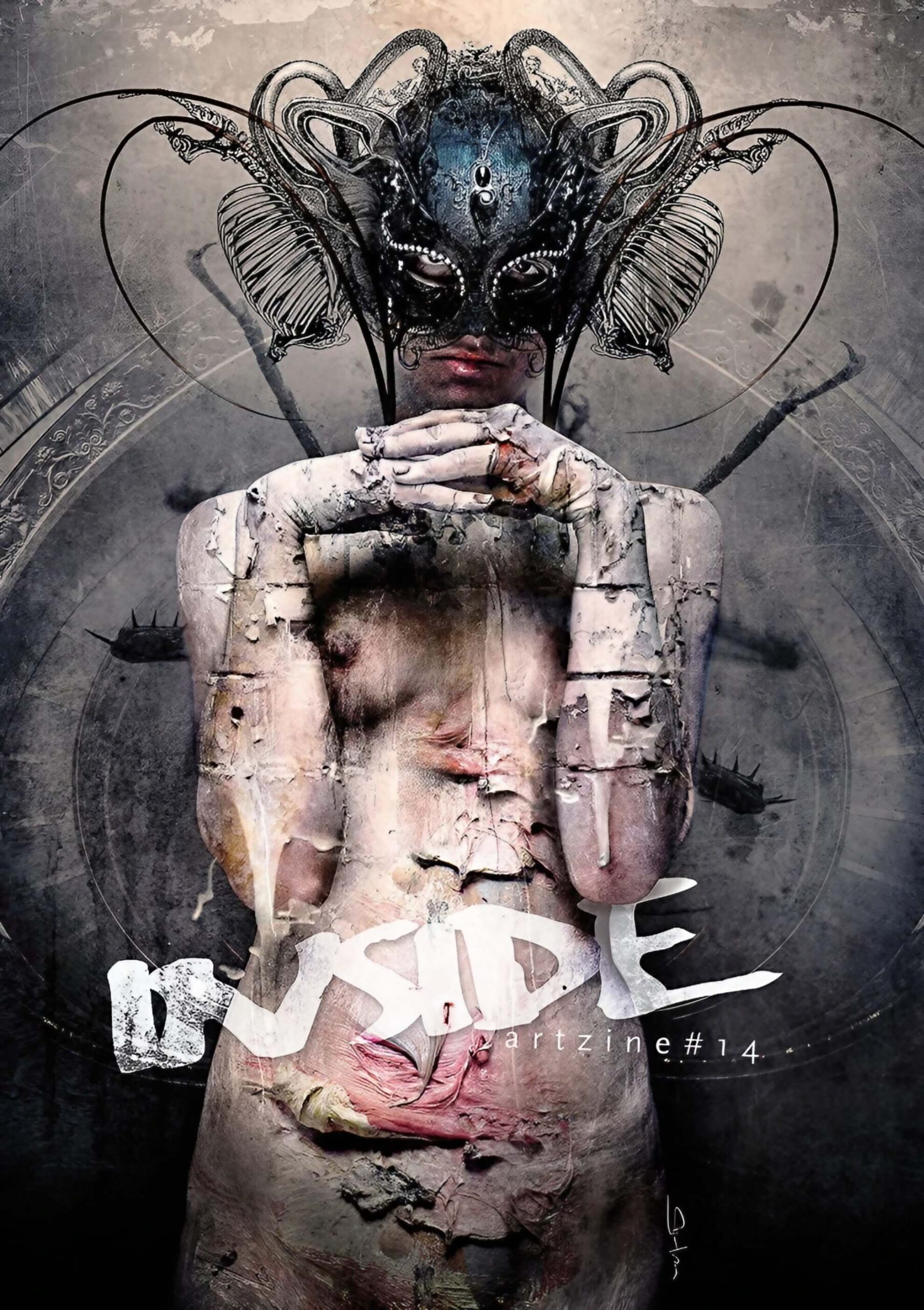 Seth Siro Anton, cover artwork for INSIDE artzine issue 14 &mdash; pale cracked-body figure in elaborate dark insect mask