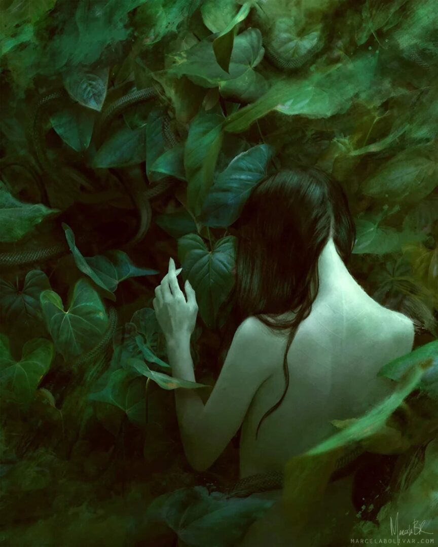 Marcela Bol&iacute;var &lsquo;Abdita Vestigia&rsquo; &mdash; a pale figure seen from behind, dark hair loose, one hand reaching toward dense tropical foliage; near-black snakes thread through the surrounding leaves, which fill the entire frame in saturated deep greens.