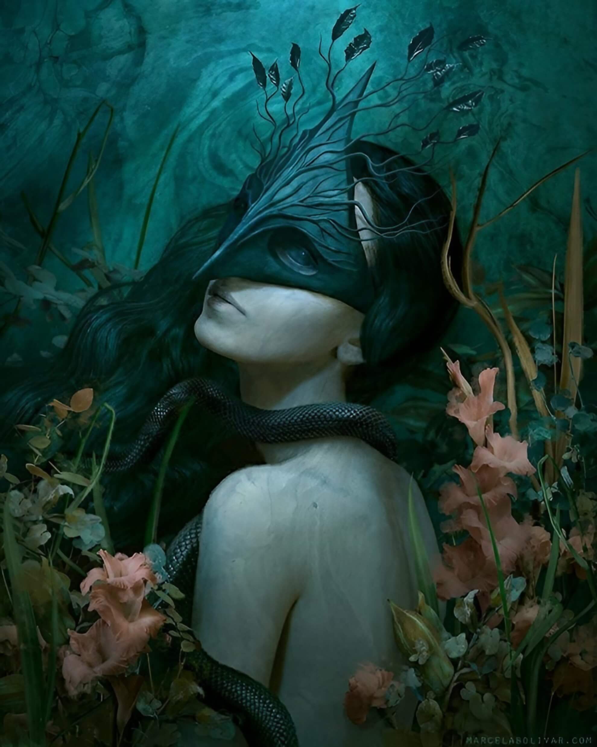 Marcela Bol&iacute;var &lsquo;Bal Masqu&eacute;&rsquo; &mdash; a pale figure, head tilted back, wearing a dark teal-black beak mask with black leaf extensions rising from the crown; a large black snake coils around the neck; coral gladioli occupy the foreground against a deep swirling teal-blue ground.