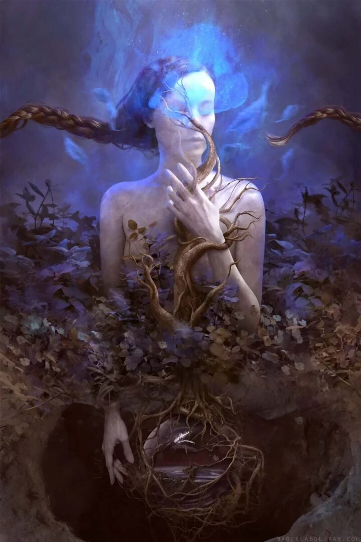 Marcela Bol&iacute;var &lsquo;Chthonic Tide&rsquo; &mdash; a pale figure rises from an earthen pit, head thrown back, braided auburn hair extending horizontally; luminous blue light erupts from the crown; gnarled ochre roots wrap the torso and cross the face, cradling a glass orb in the darkness below.