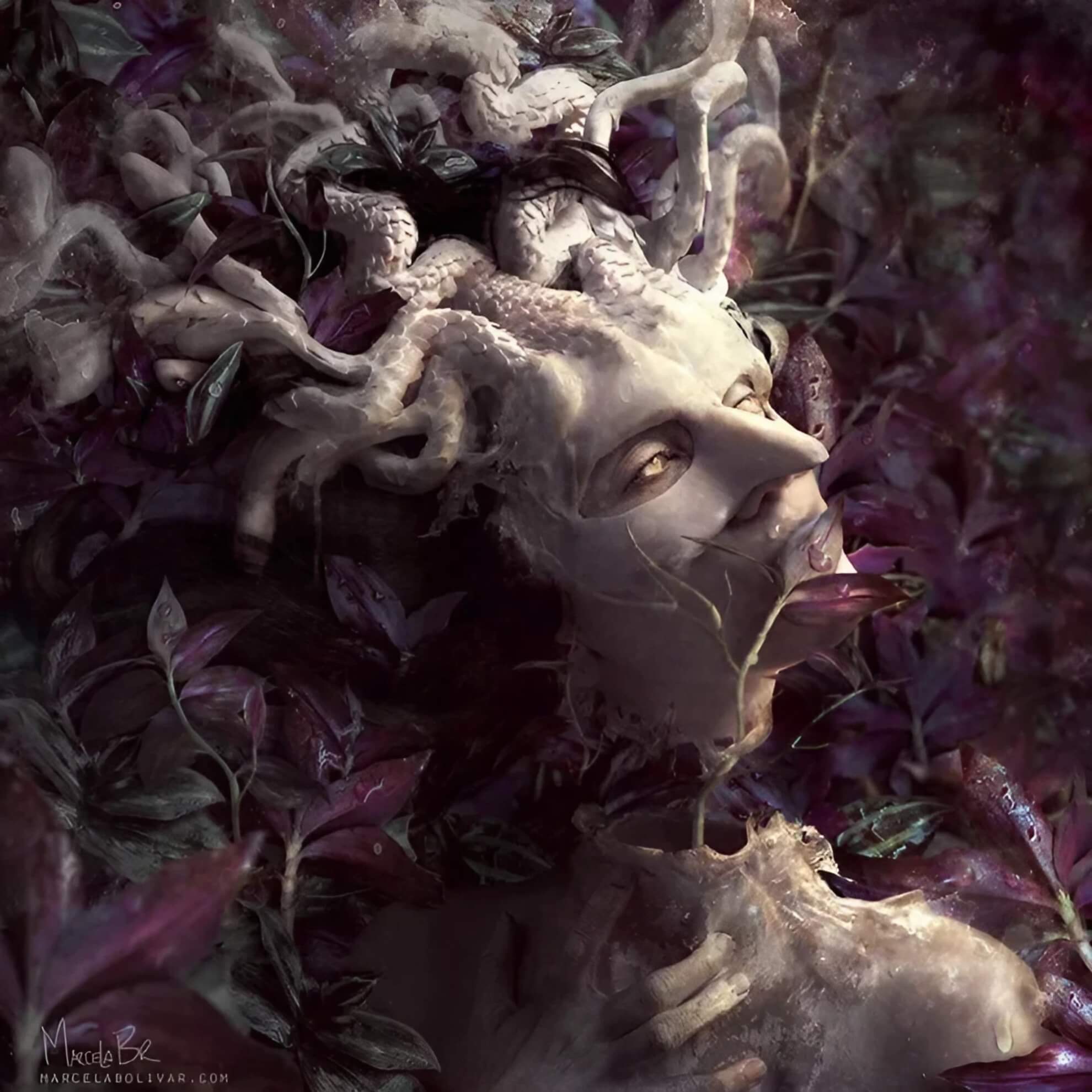 Marcela Bol&iacute;var &lsquo;Gorgon&rsquo; &mdash; a pale face fills the frame, its upper half merged with a crown of coiled white serpents; golden-yellow eyes are the sole warm accent in a composition dominated by deep purple-black clematis blossoms; a skeletal form is held at the lower right.