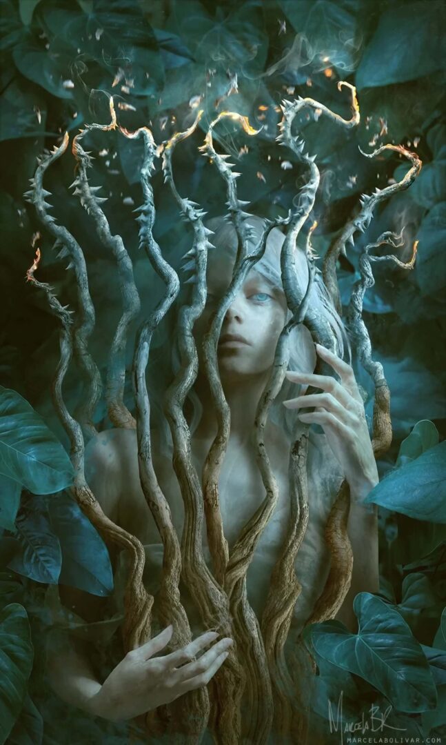 Marcela Bol&iacute;var &lsquo;Ten of Wands&rsquo; &mdash; a pale androgynous figure, ice-blue eyes open, surrounded and crowned by massive gnarled thorned branches that rise from the torso and splay above the head; small orange flames burn at the uppermost tips; large teal tropical leaves fill the background.