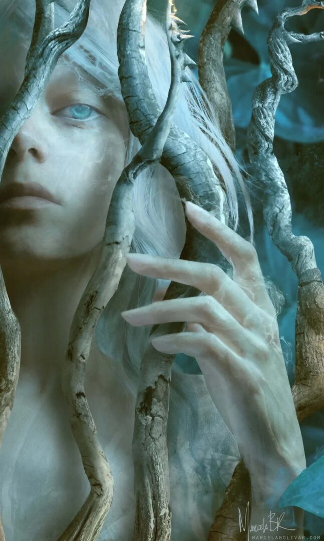 Marcela Bol&iacute;var &lsquo;Ten of Wands&rsquo; &mdash; a pale androgynous figure, ice-blue eyes open, surrounded and crowned by massive gnarled thorned branches that rise from the torso and splay above the head; small orange flames burn at the uppermost tips; large teal tropical leaves fill the background.