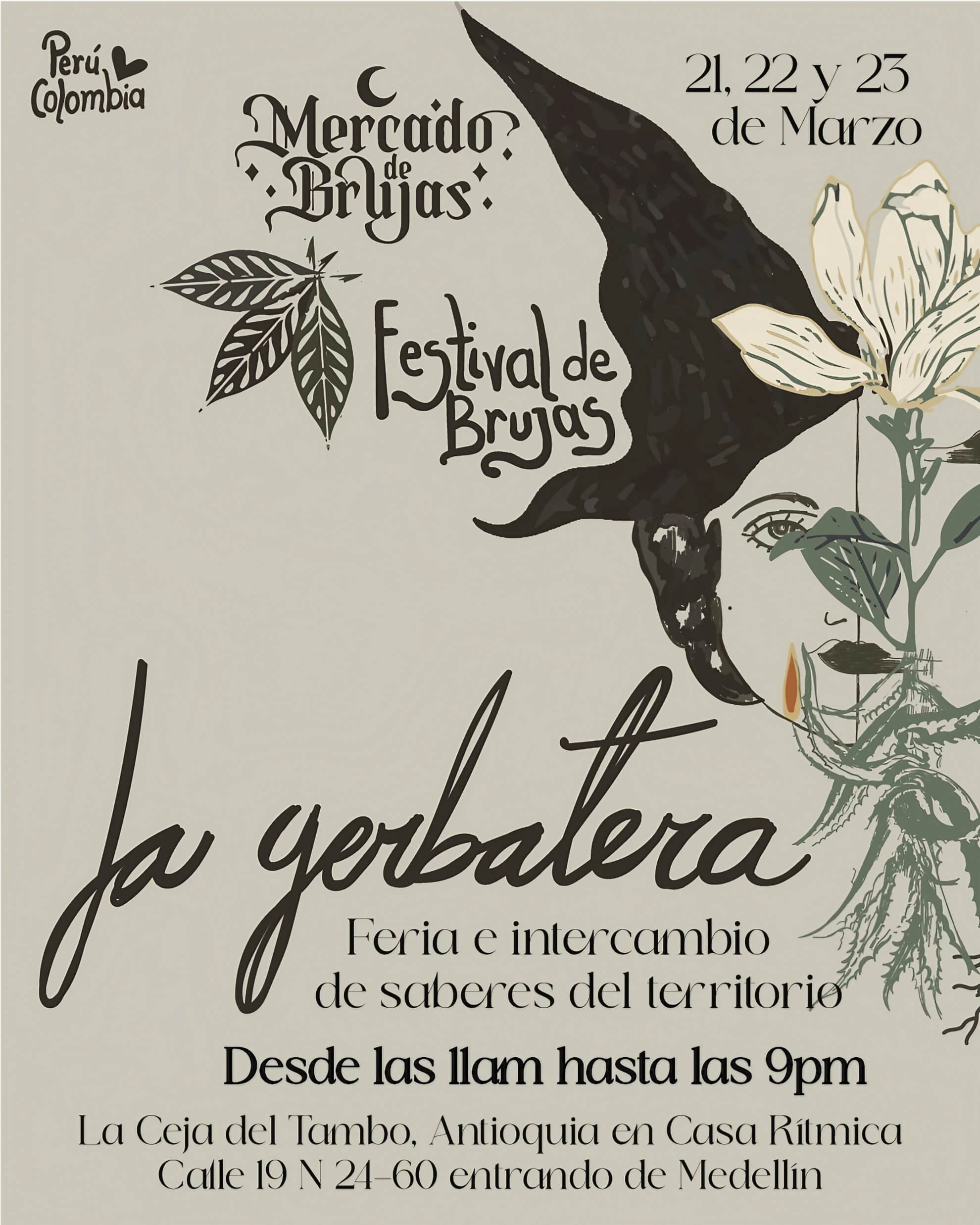 La Yerbalera 2026 poster: woman&rsquo;s face rising from botanical roots, black bird silhouette, magnolia blooms, sage background.