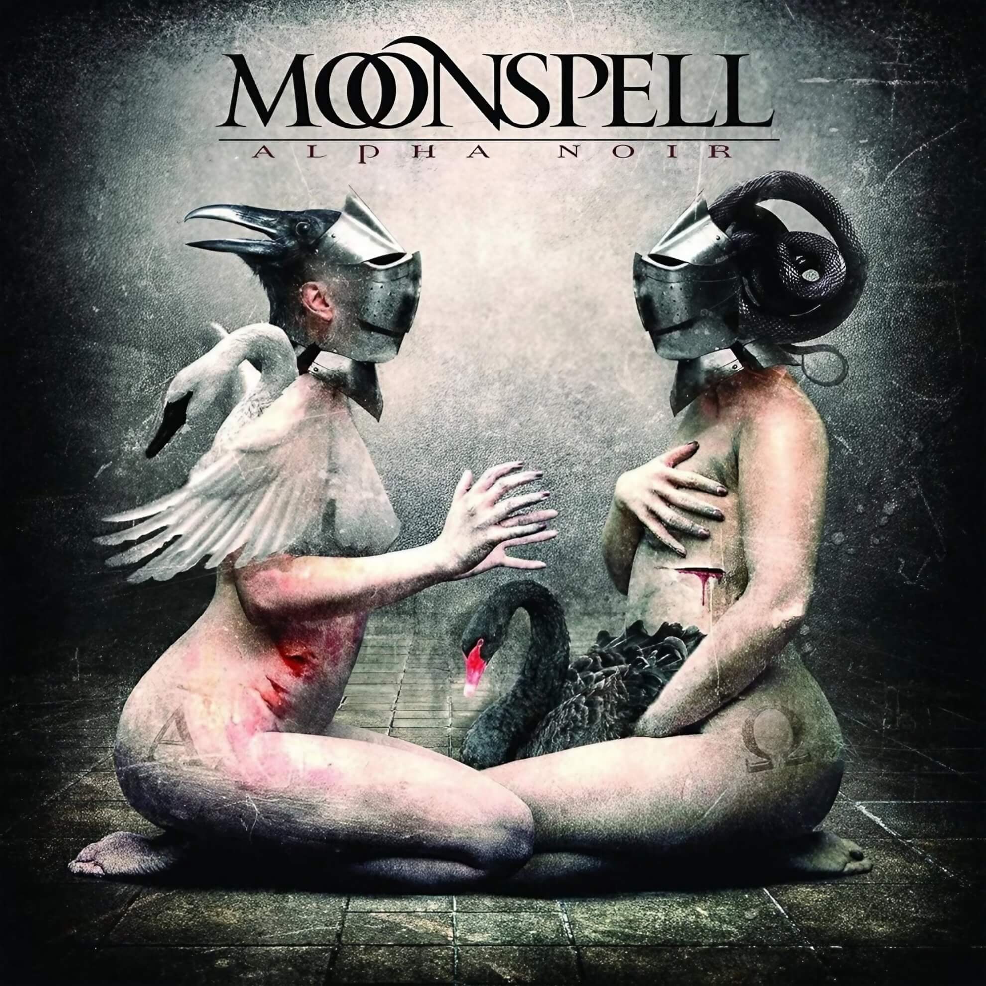 Seth Siro Anton &lsquo;Alpha Noir&rsquo; Moonspell cover &mdash; two helmeted animal-human figures face each other across a black swan.