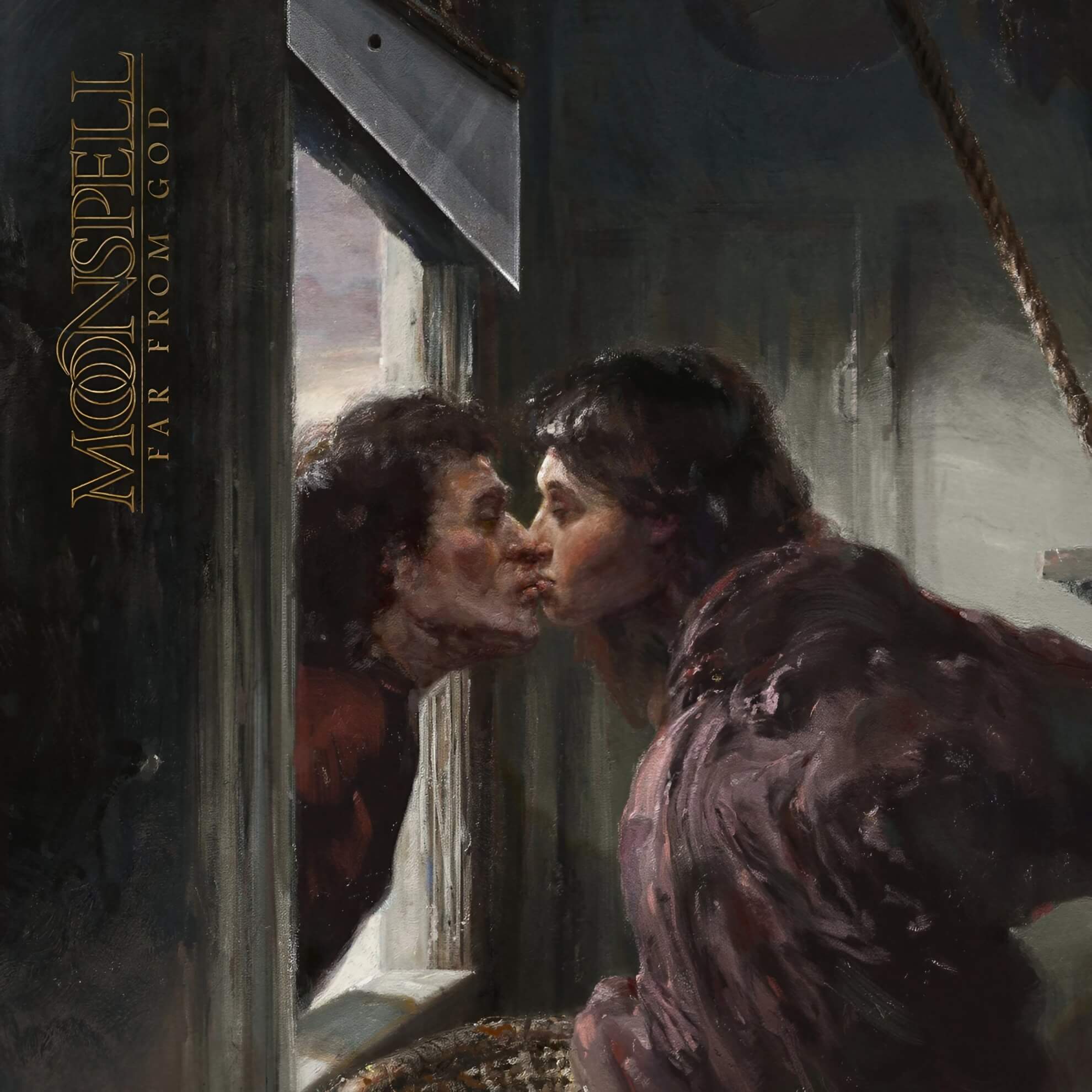 Moonspell Summon the Tragic Vampire Back in ‘Far From God’ Album cover for ‘Far From God.’ Oil painting of two figures kissing across a doorframe; dark palette of green, grey, and burgundy.