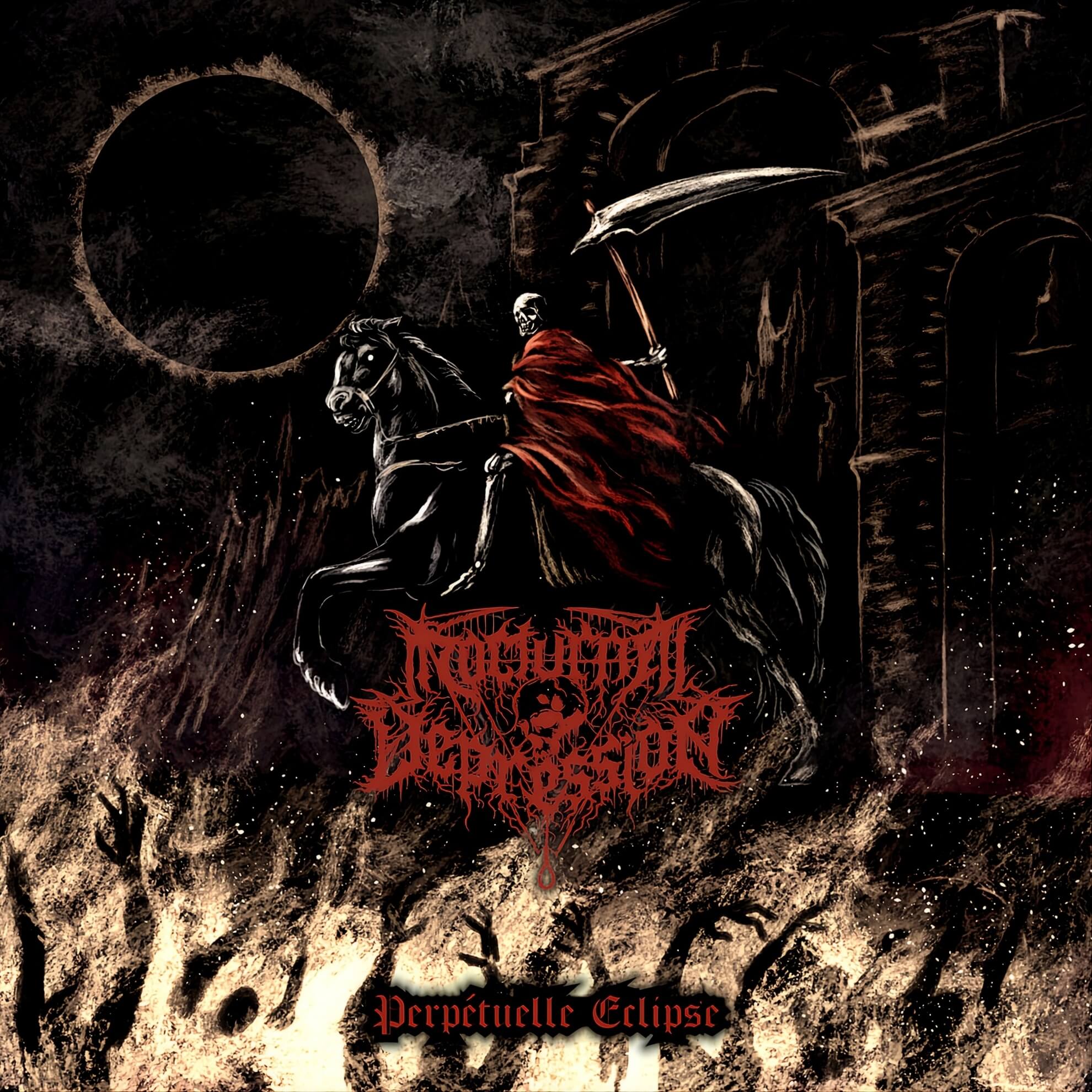 Opera IX and Nocturnal Depression Gather at Bogotá’s Capital Live in November A skeletal reaper in a red cloak rides a rearing black horse beneath a total solar eclipse, scythe raised, against a burning landscape and ruined stone arches. The Nocturnal Depression logo and album title Perpétuelle Eclipse appear in red at the lower centre.